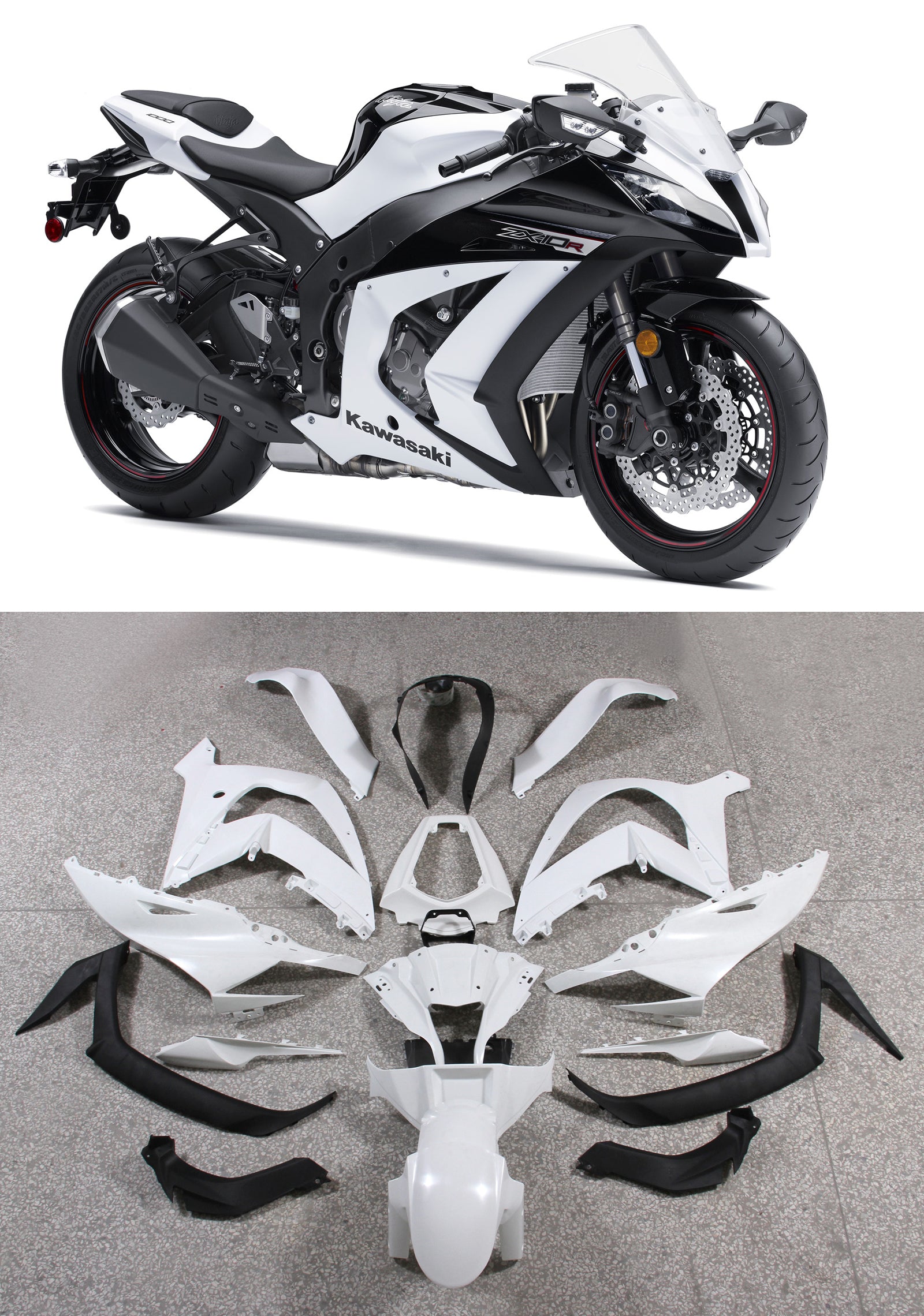 Amotopart 2011–2015 Kawasaki ZX10R Verkleidungsset in Weiß und Schwarz