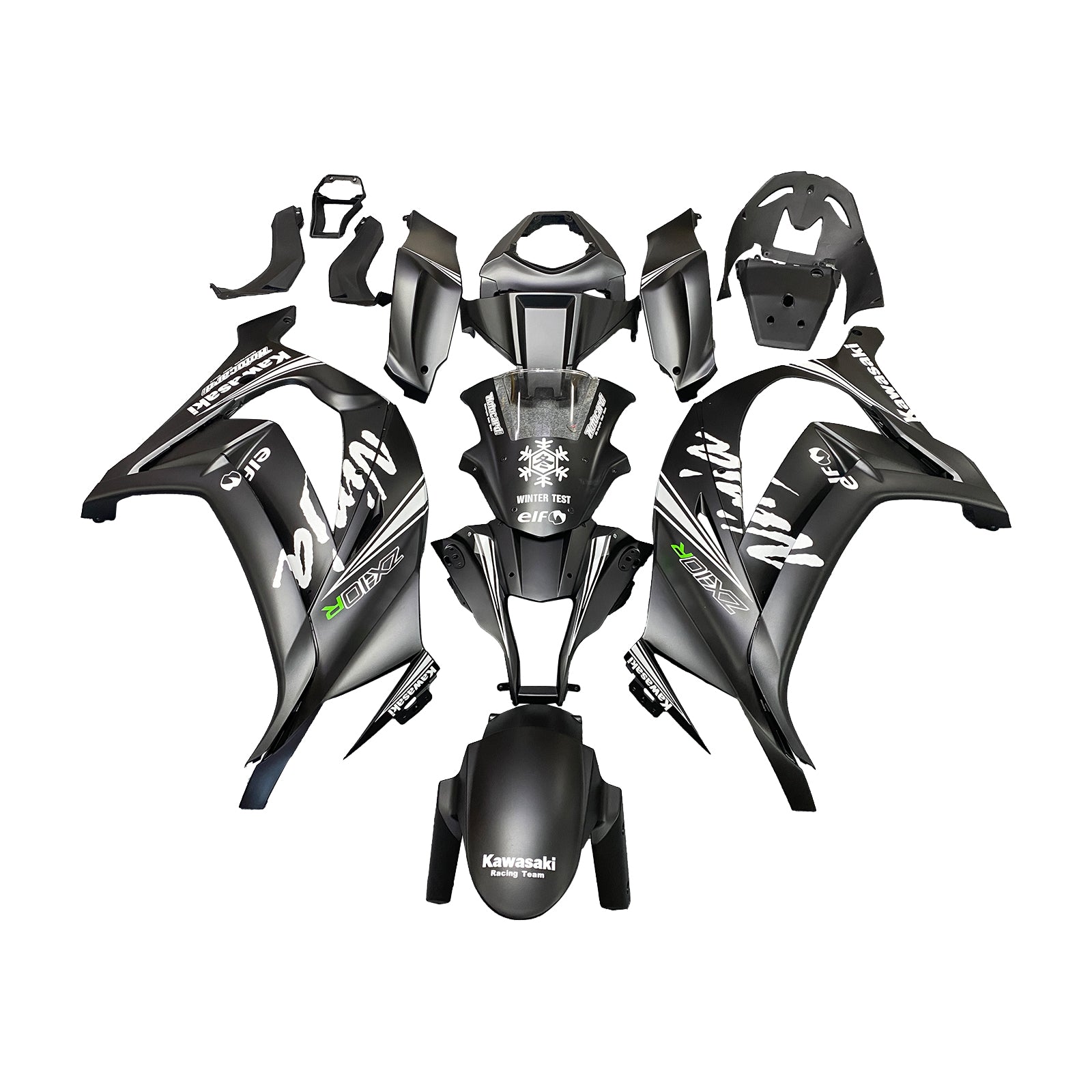 Amotopart Kawasaki ZX10R 2011-2015 Kit de carenado con calcomanías en negro mate y nieve