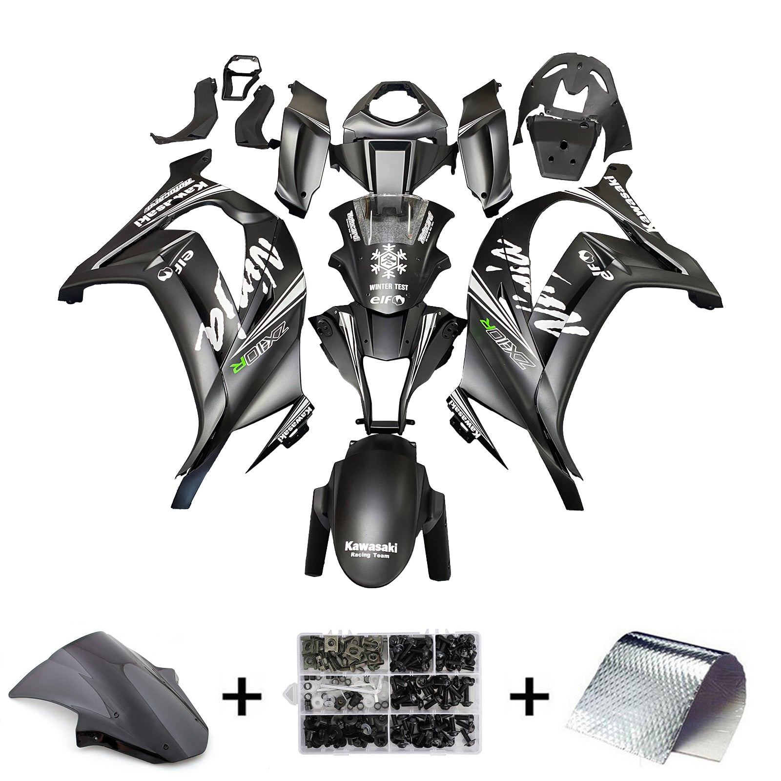 Amotopart Kawasaki ZX10R 2011-2015 Kit de carénage noir mat et autocollant neige