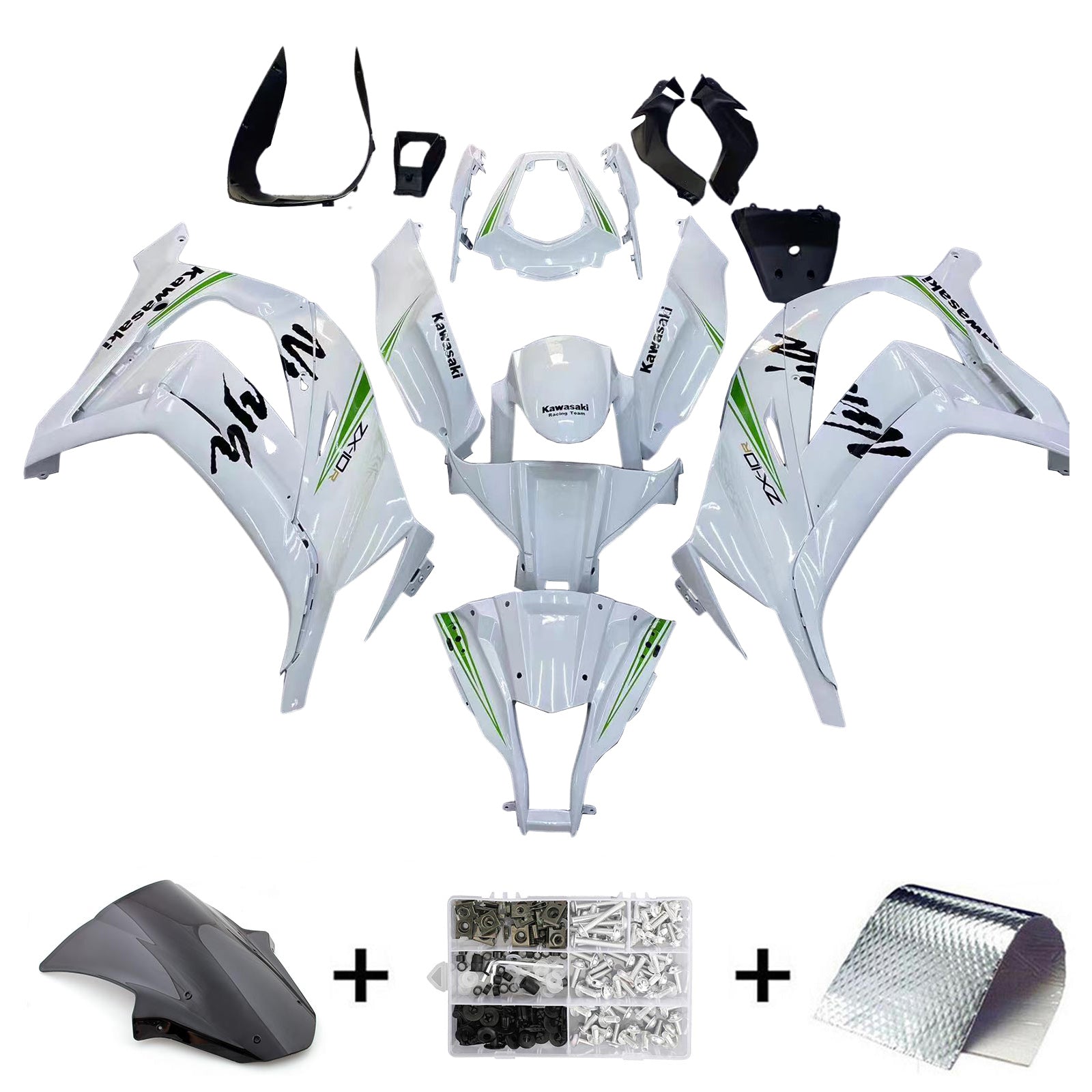 Amotopart 2011-2015 Kawasaki ZX10R Gloss White with Green Line Fairing Kit