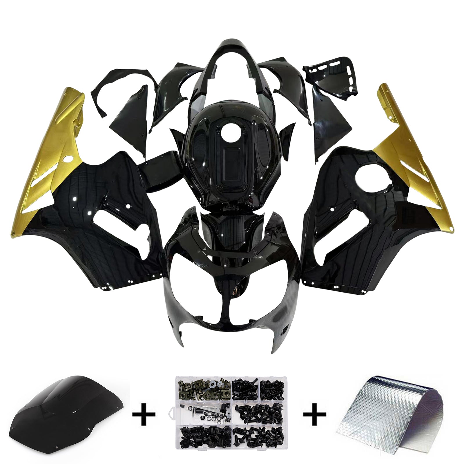 Amotopart 2000-2001 Kawasaki ZX12R Kit de carenado negro y dorado