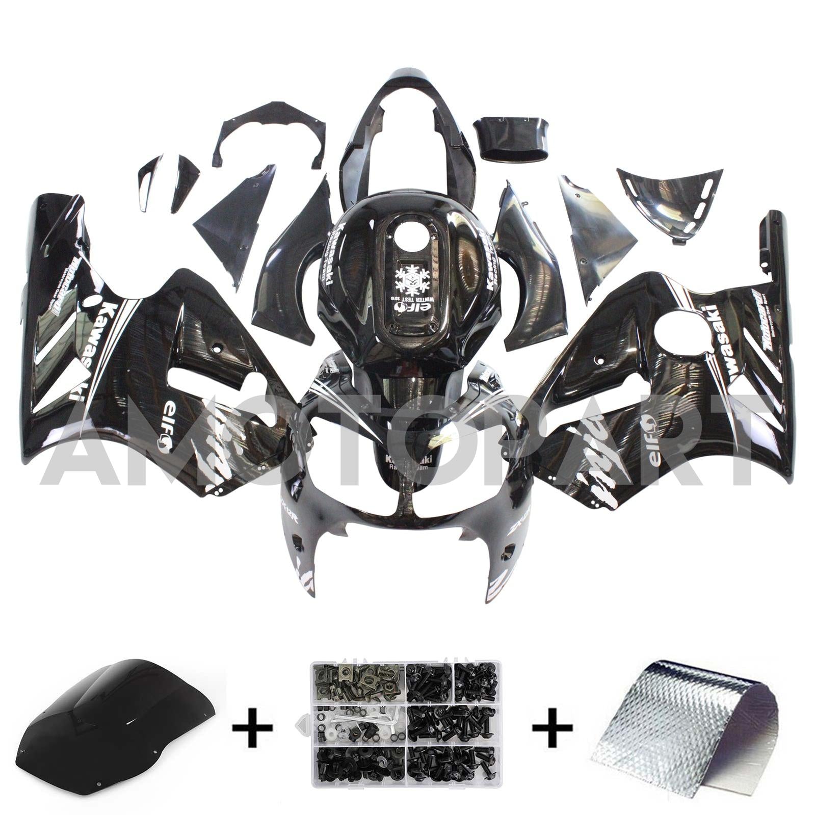 Amotopart Kawasaki 2000-2001 ZX12R Black With White Logo Fairing Kit