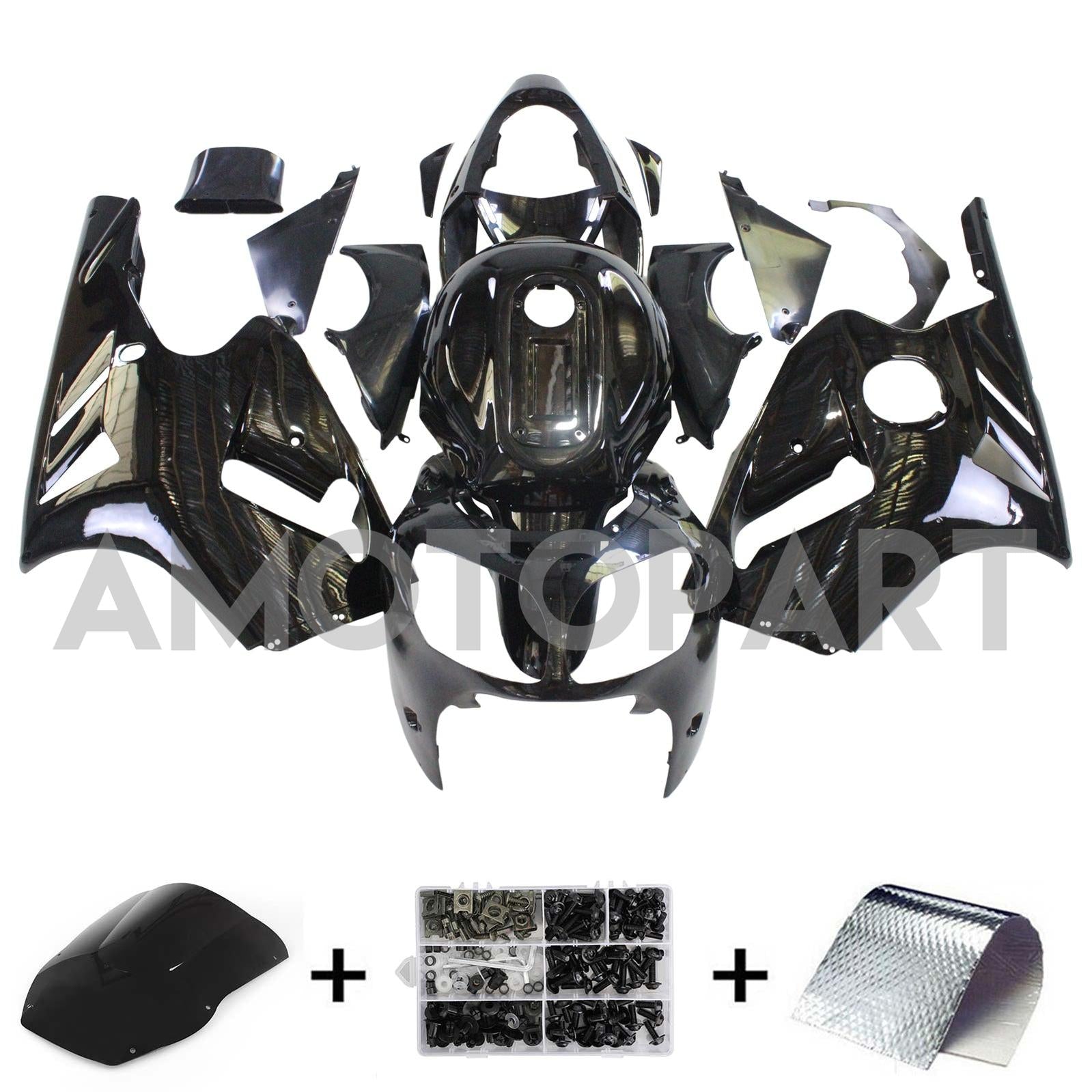 Amotopart Kawasaki 2000-2001 ZX12R Bright Black Fairing Kit
