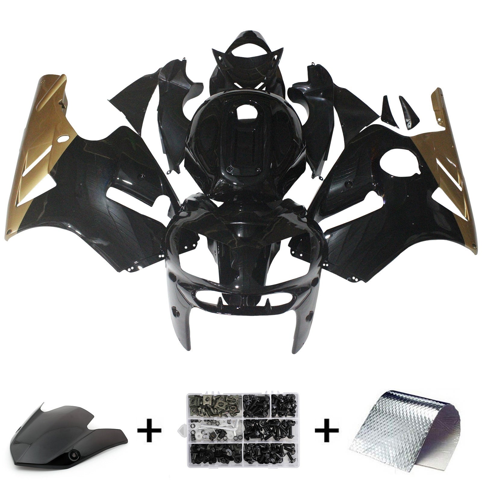 Carénage Amotopart pour Kawasaki ZX12R 2002-2005, noir brillant&Gvieux kit