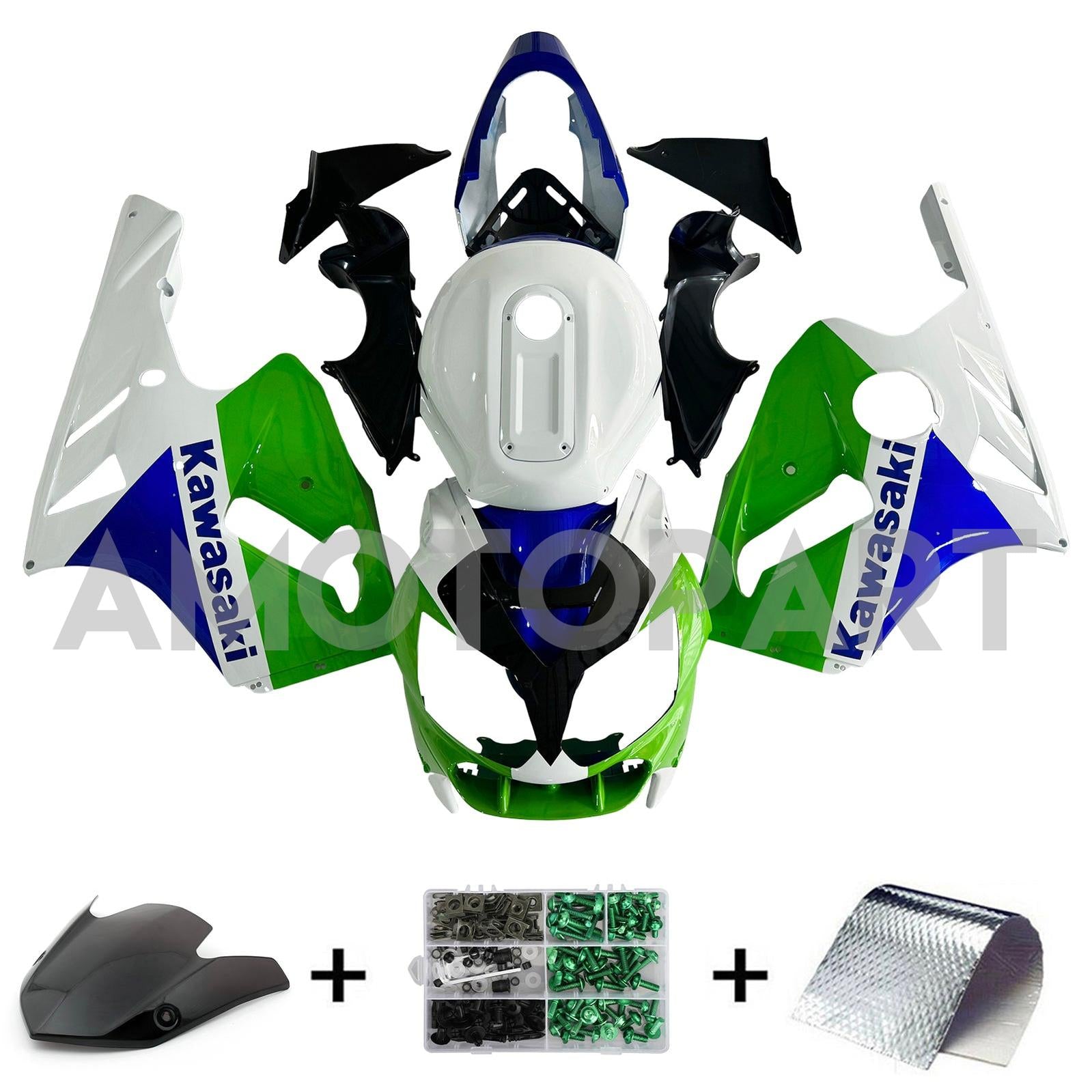 Amotopart 2002-2005 Kawasaki ZX12R White Blue Green Fairing Kit