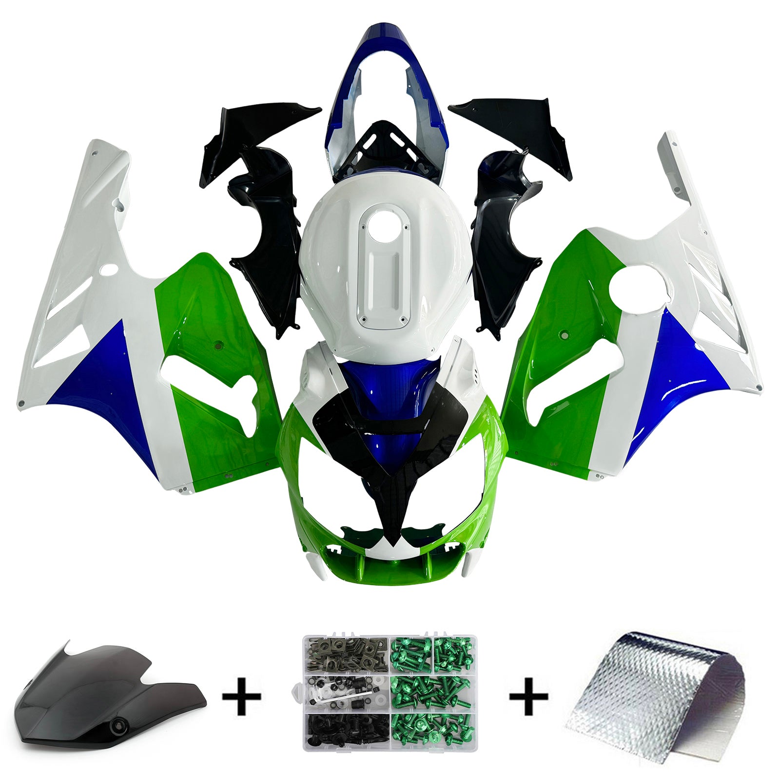 Amotopart 2002-2005 Kawasaki ZX12R White Blue Green Fairing Kit