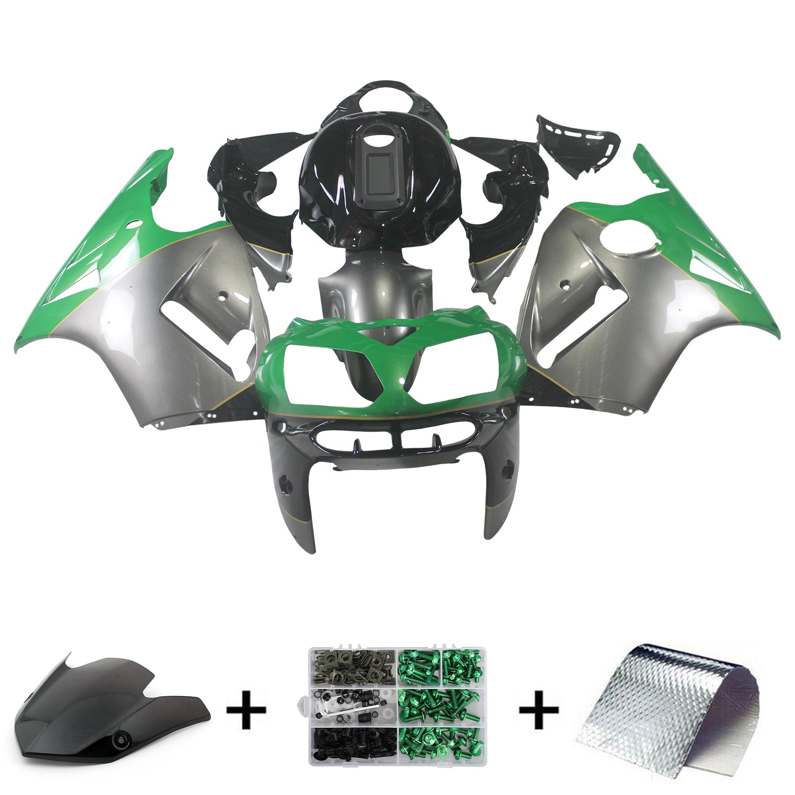 Amotopart 2002–2005 Kawasaki ZX12R Faring Green &amp; Grey Logo Kit