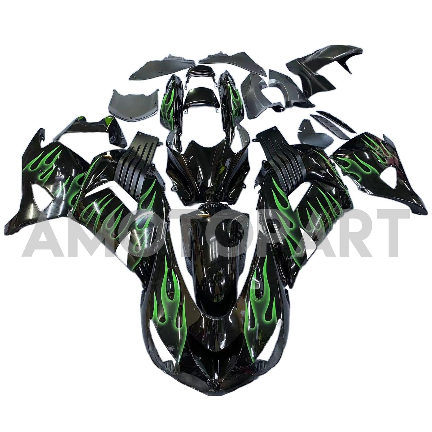Amotopart 2006-2011 Kawasaki ZX14R Black with Green Flame Fairing Kit