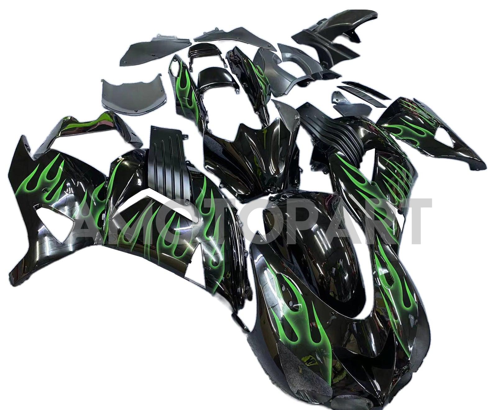 Amotopart 2006-2011 Kawasaki ZX14R Black with Green Flame Fairing Kit