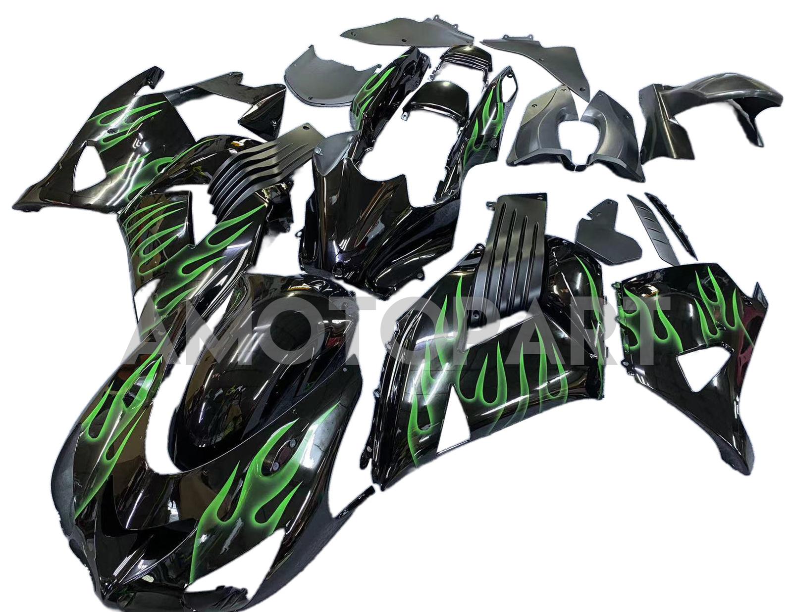 Amotopart 2006-2011 Kawasaki ZX14R Black with Green Flame Fairing Kit