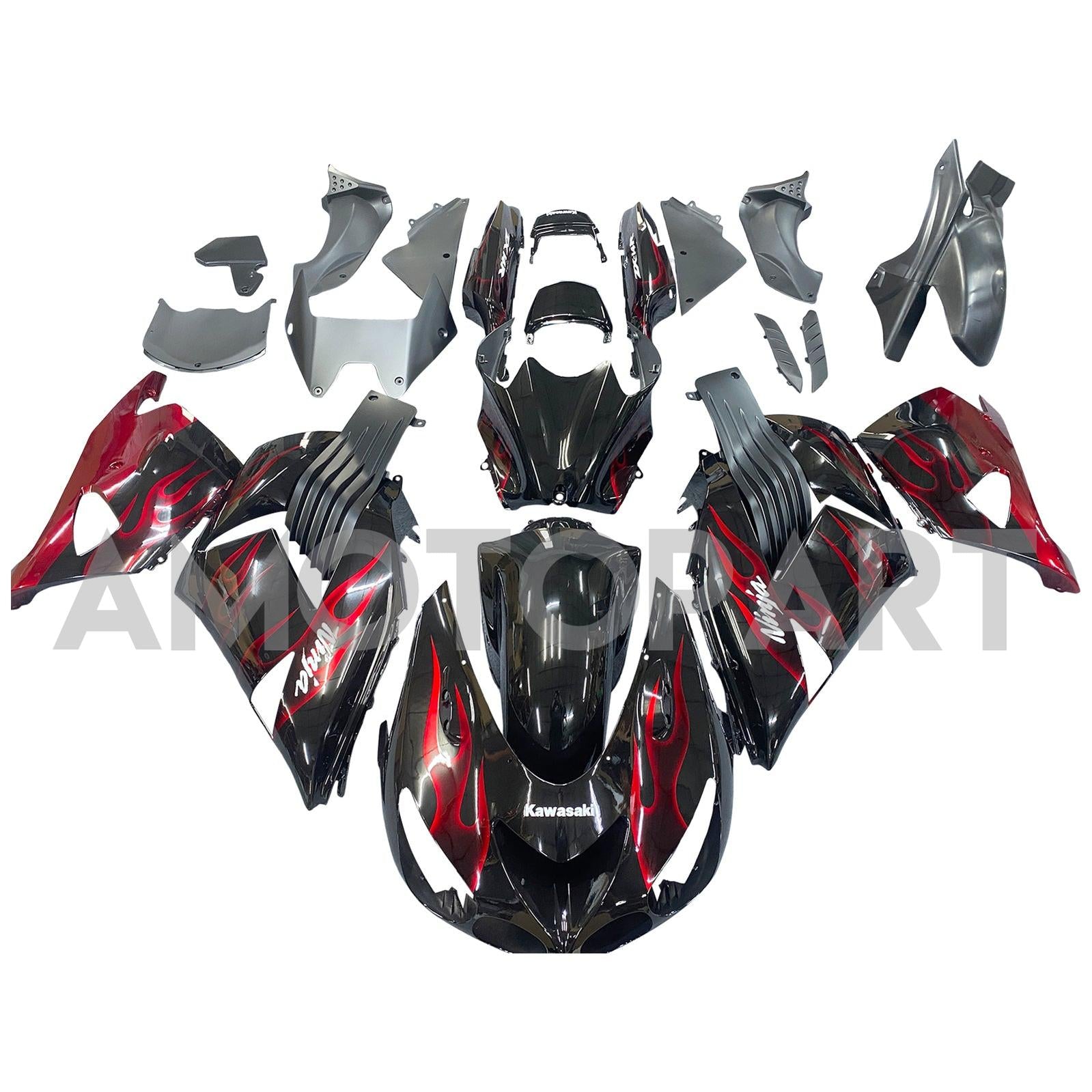 Amotopart 2006-2011 Kawasaki ZX14R Black with Red Flame Fairing Kit