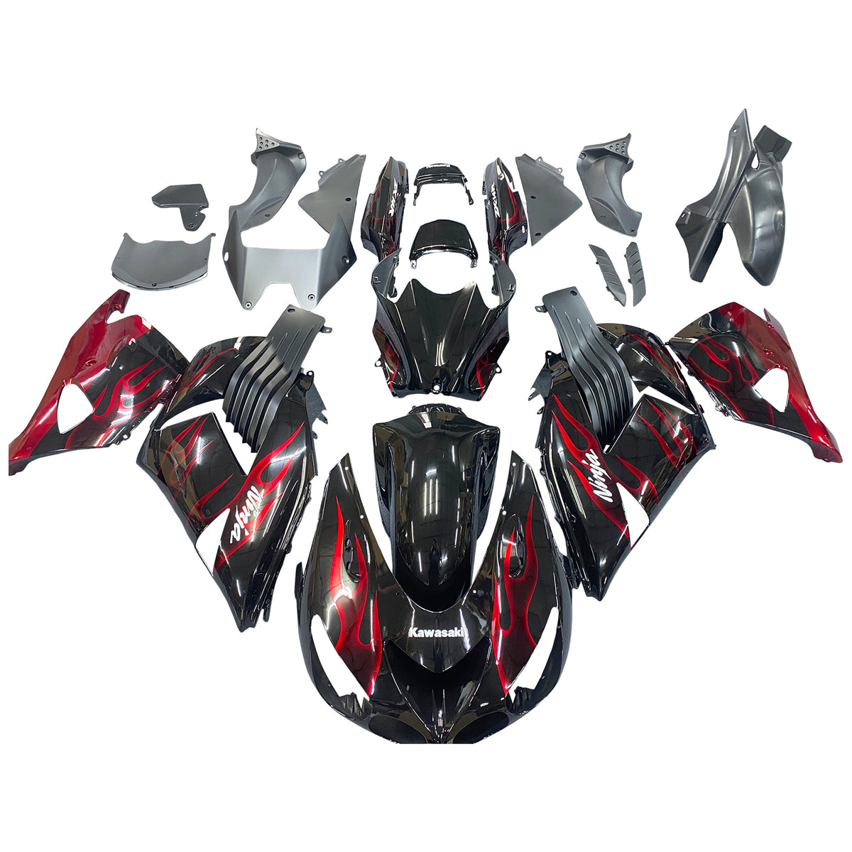 Amotopart 2006-2011 Kawasaki ZX14R Black with Red Flame Fairing Kit