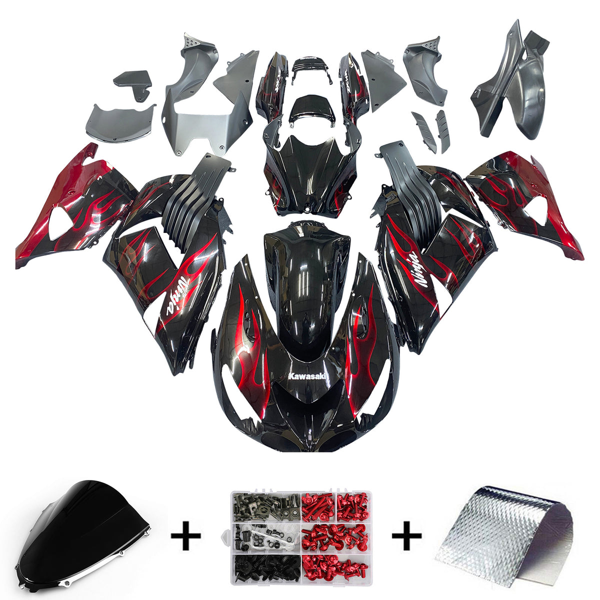 Amotopart 2006-2011 Kawasaki ZX14R Black with Red Flame Fairing Kit