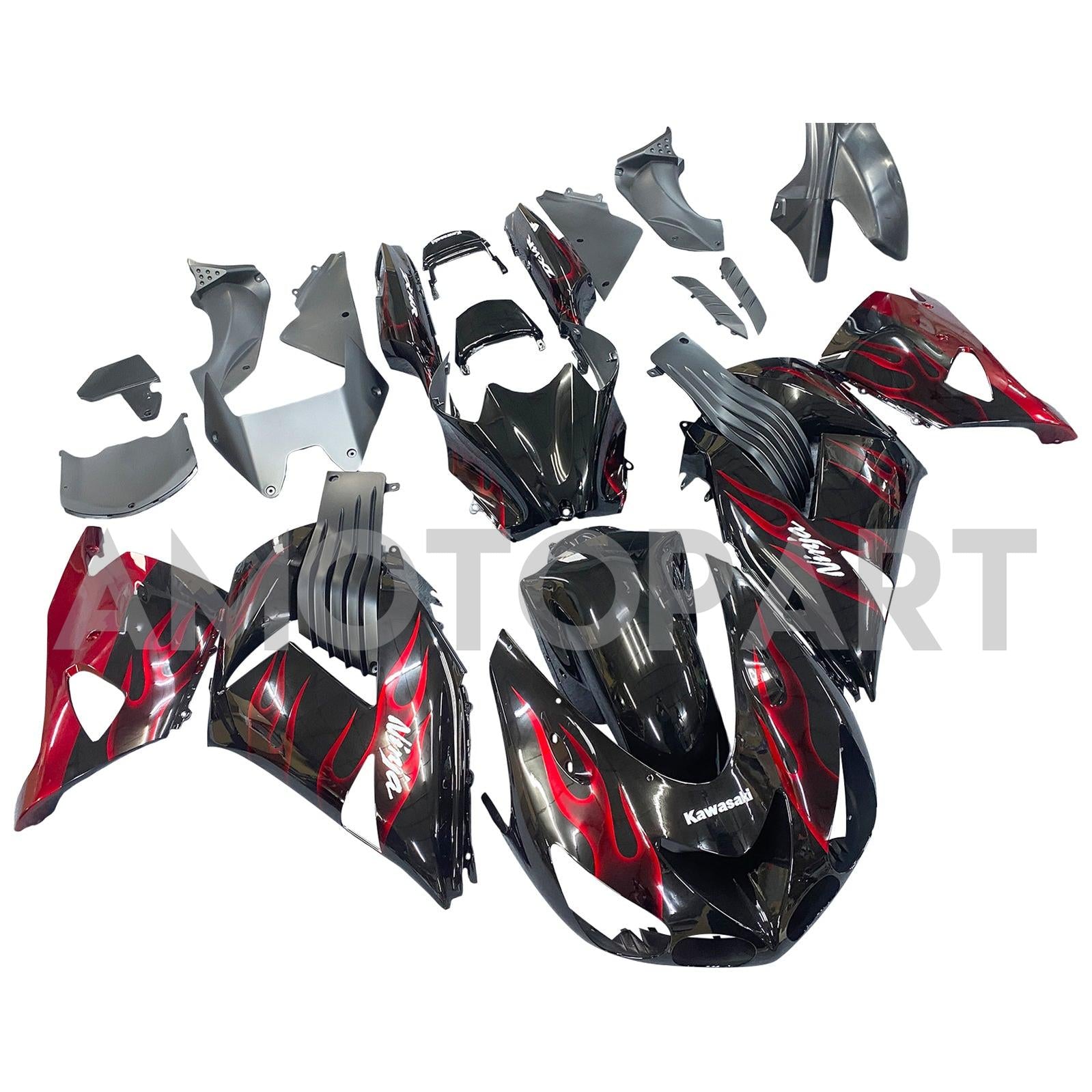 Amotopart 2006-2011 Kawasaki ZX14R Black with Red Flame Fairing Kit