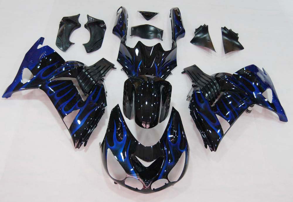 Amotopart 2006-2011 Kawasaki ZX14R Black with Blue Flame Fairing Kit