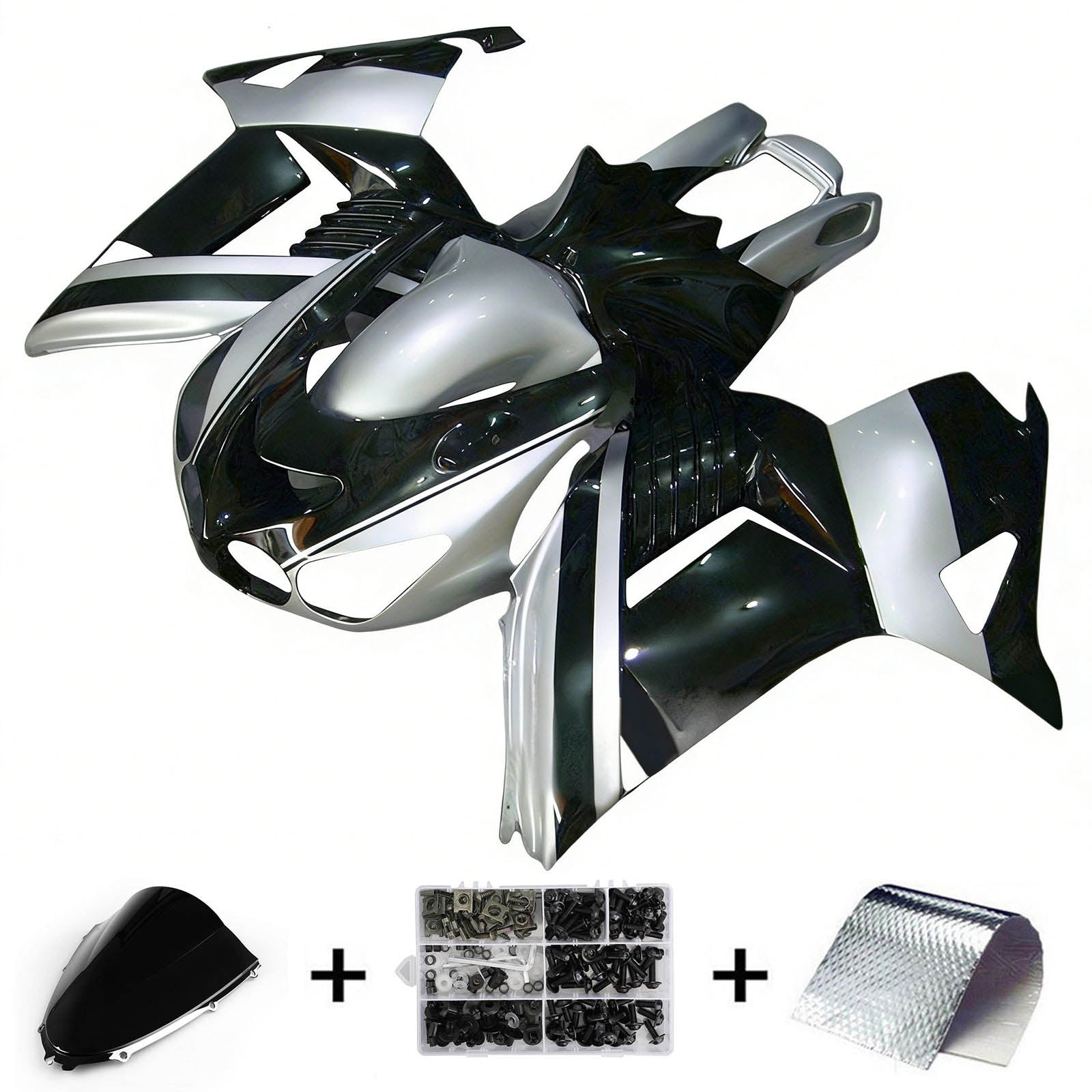 Amotopart 2006-2011 Kawasaki ZX14R ZZR1400 Black Silver & White Fairing Kit