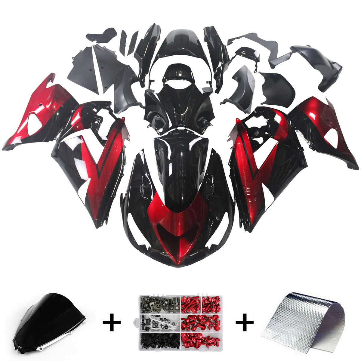 Amotopart 2006-2011 Kawasaki ZX14R ZZR1400 光沢のあるレッドブラックフェアリングキット