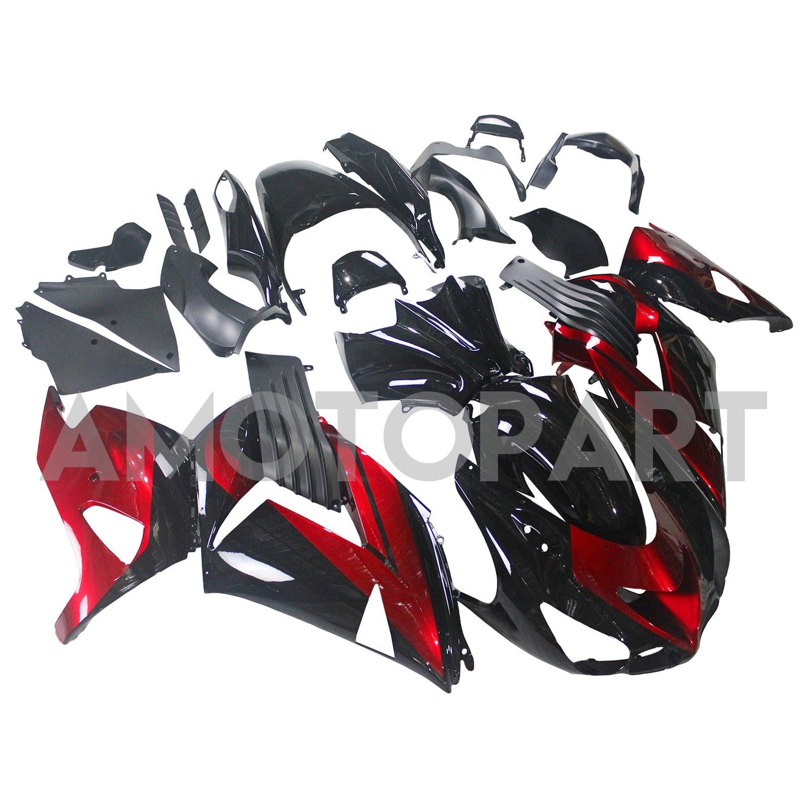 Amotopart 2006-2011 Kawasaki ZX14R ZZR1400 Glossy Red Black Fairing Kit