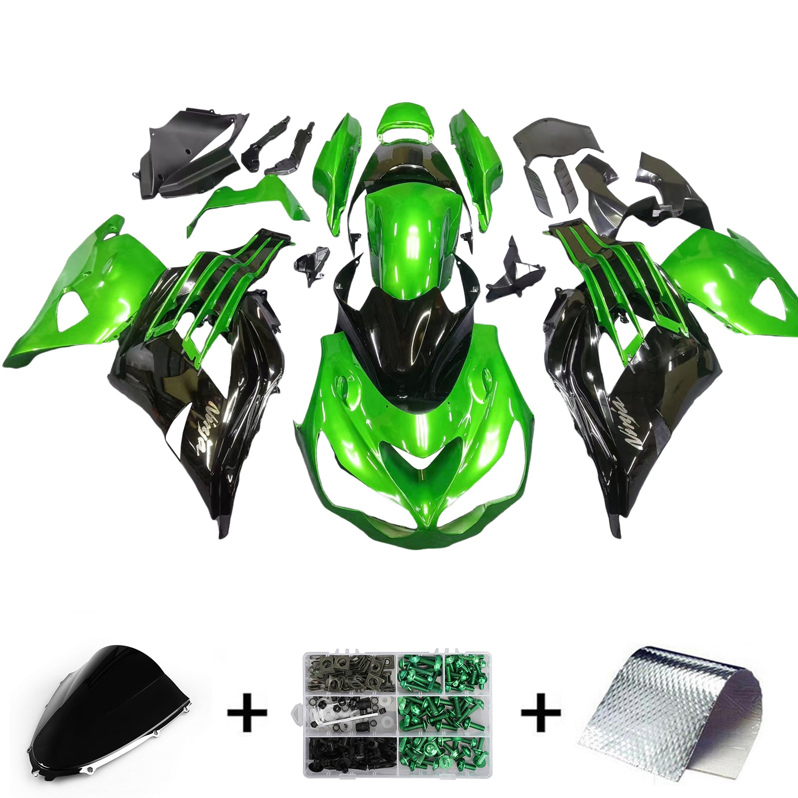 Amotopart Kawasaki 2012–2022 ZX14R Black Mix Green Verkleidungsset