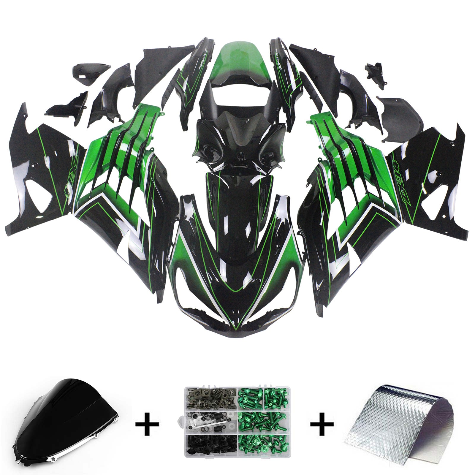 Amotopart Kawasaki 2012–2022 ZX14R Schwarz mit grünem Verkleidungsset