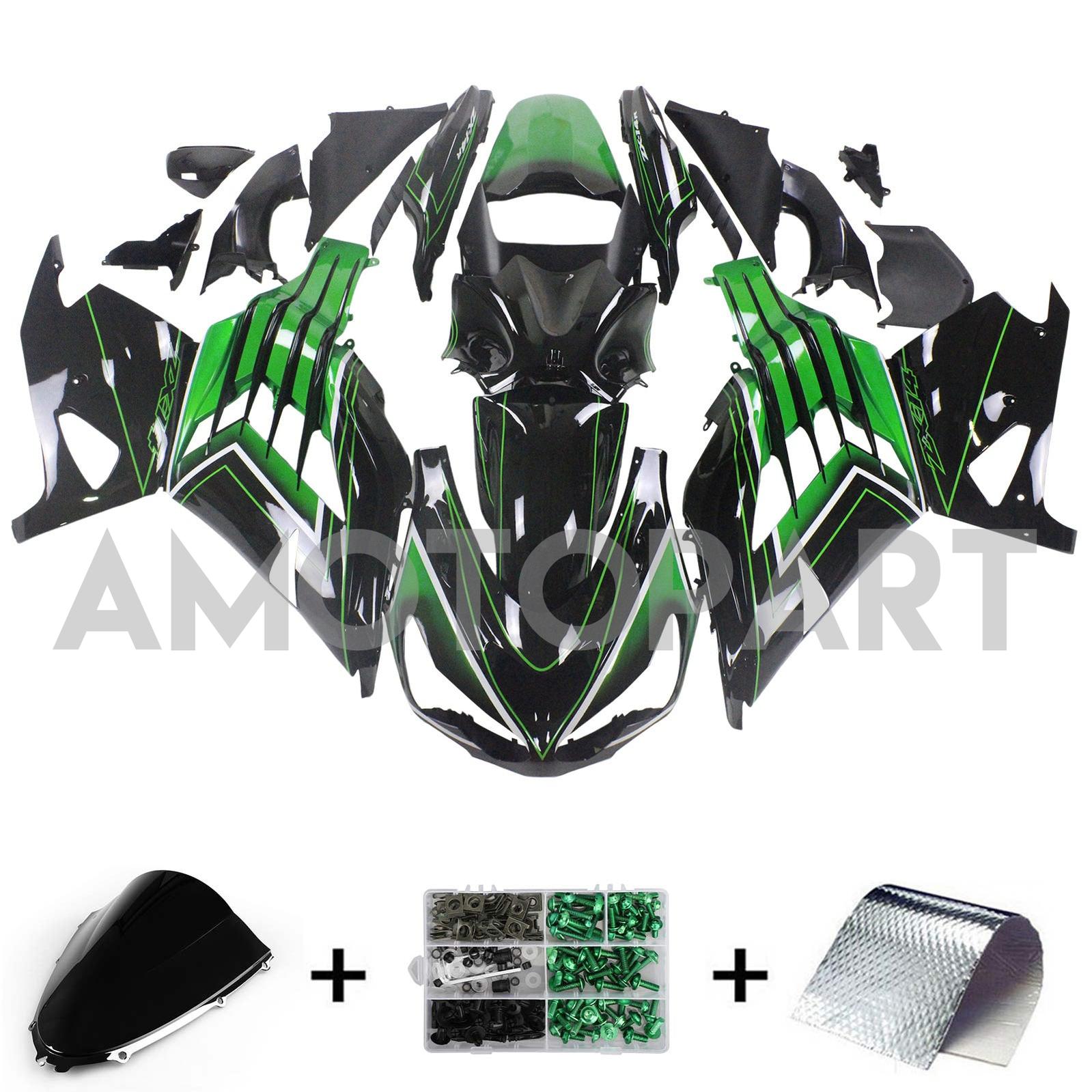 Amotopart Kawasaki 2012–2025 ZX14R Schwarz mit grünem Verkleidungsset
