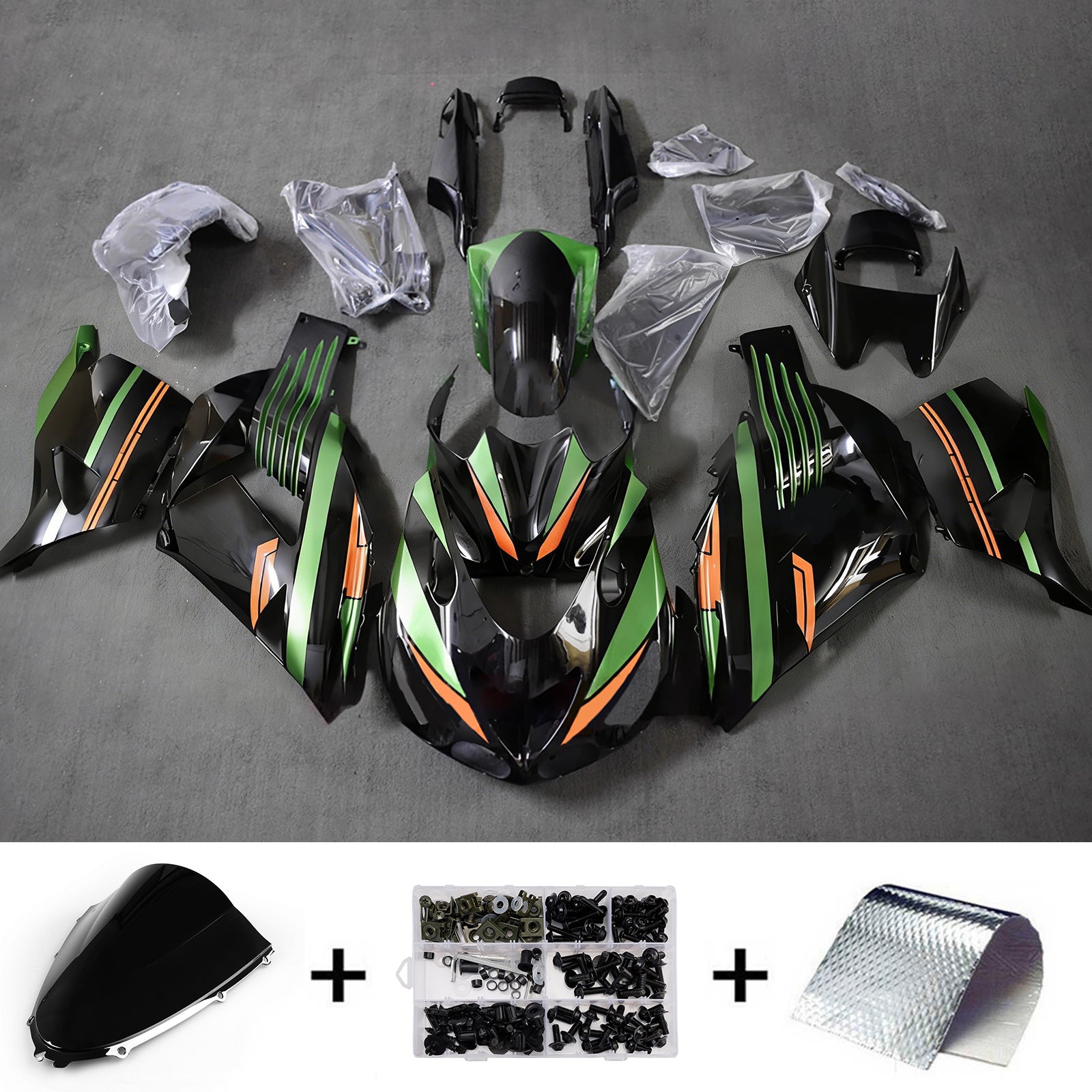 Amotopart 2012-2026 Kawasaki ZX14R ZZR1400 Sort Grøn Orange Fairing Kit