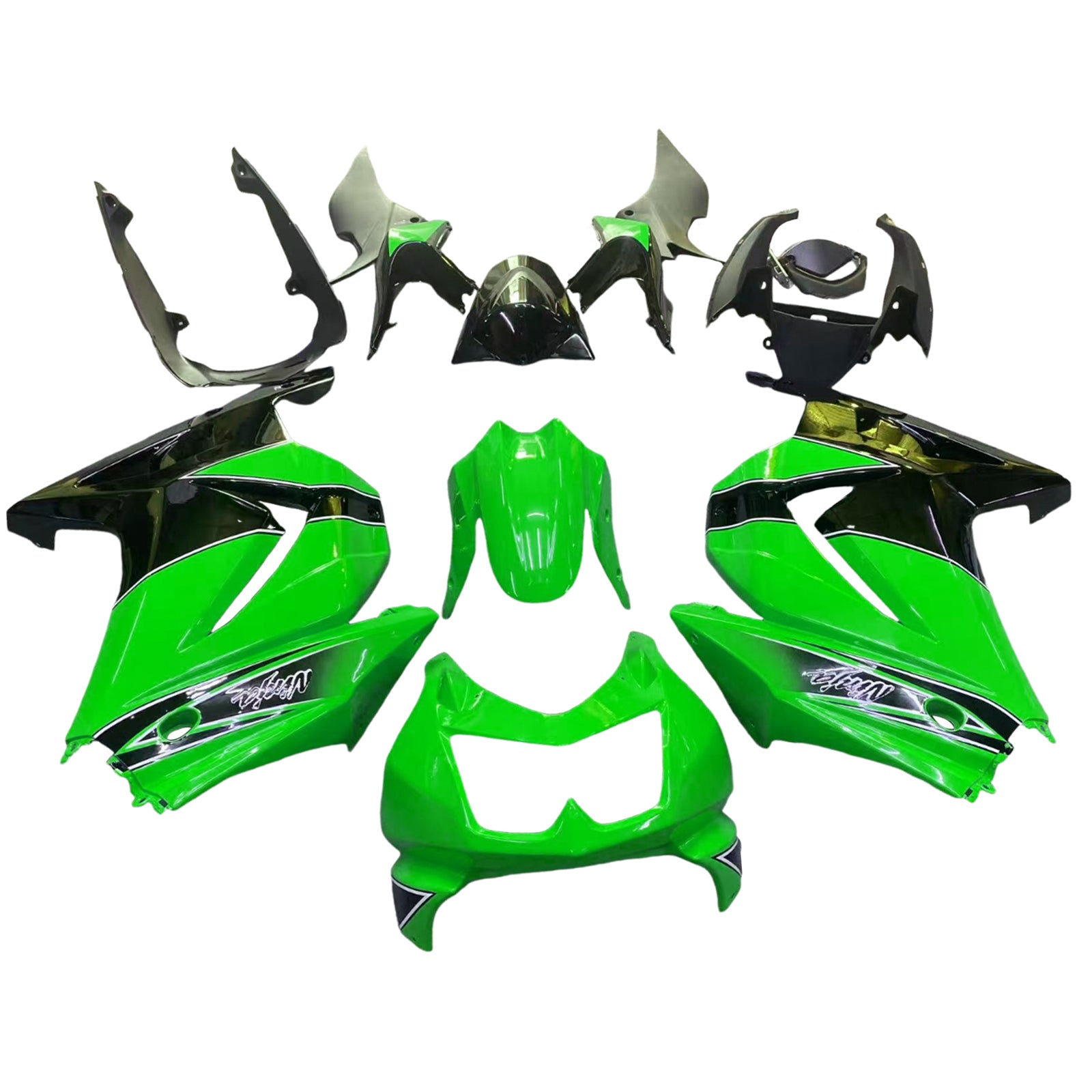 Amotopart 2008–2012 Kawasaki EX250 Ninja250R Schwarz Grün Verkleidungsset