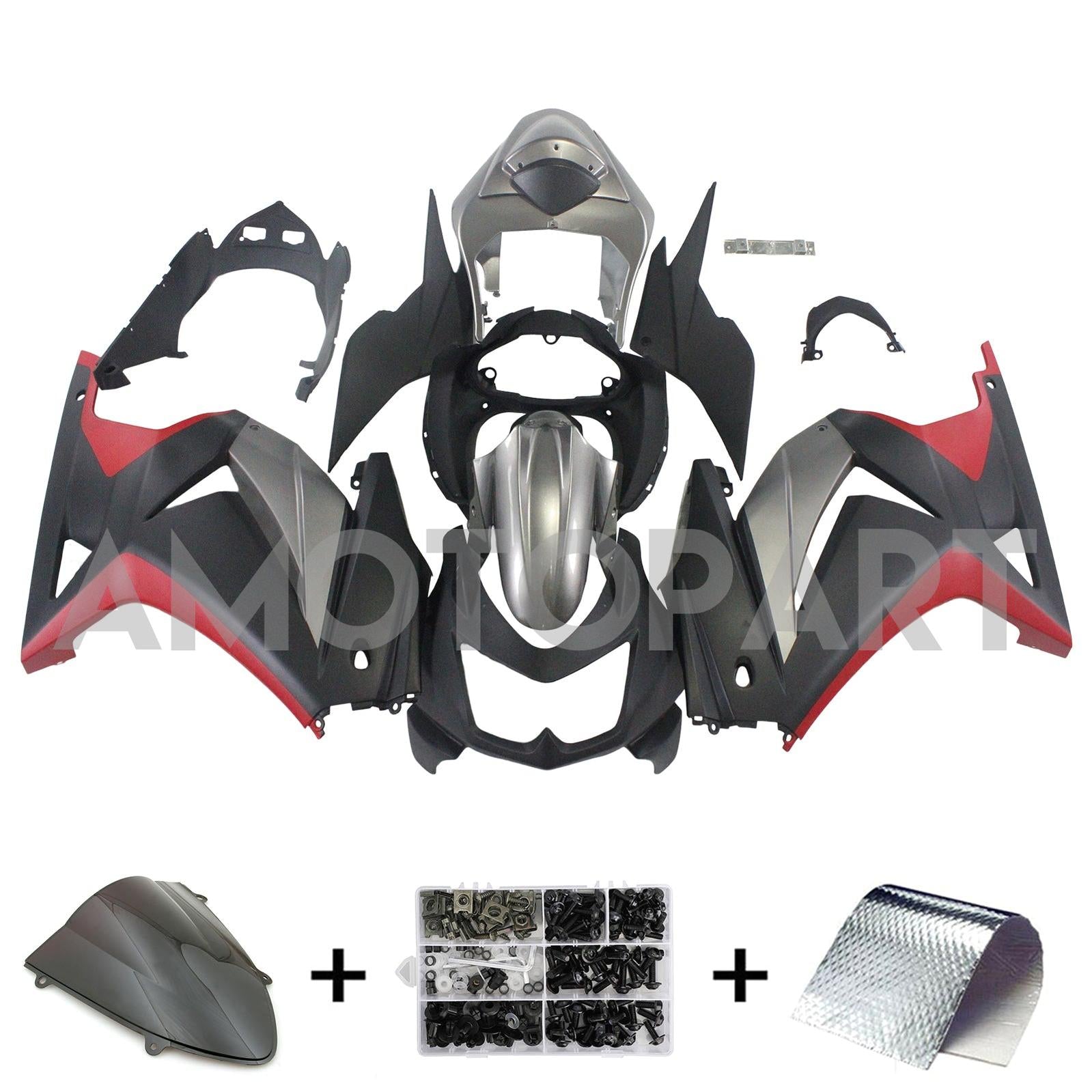 Amotopart 2008-2012 Kawasaki ZX250 Fairing Matte Black&Red Kit