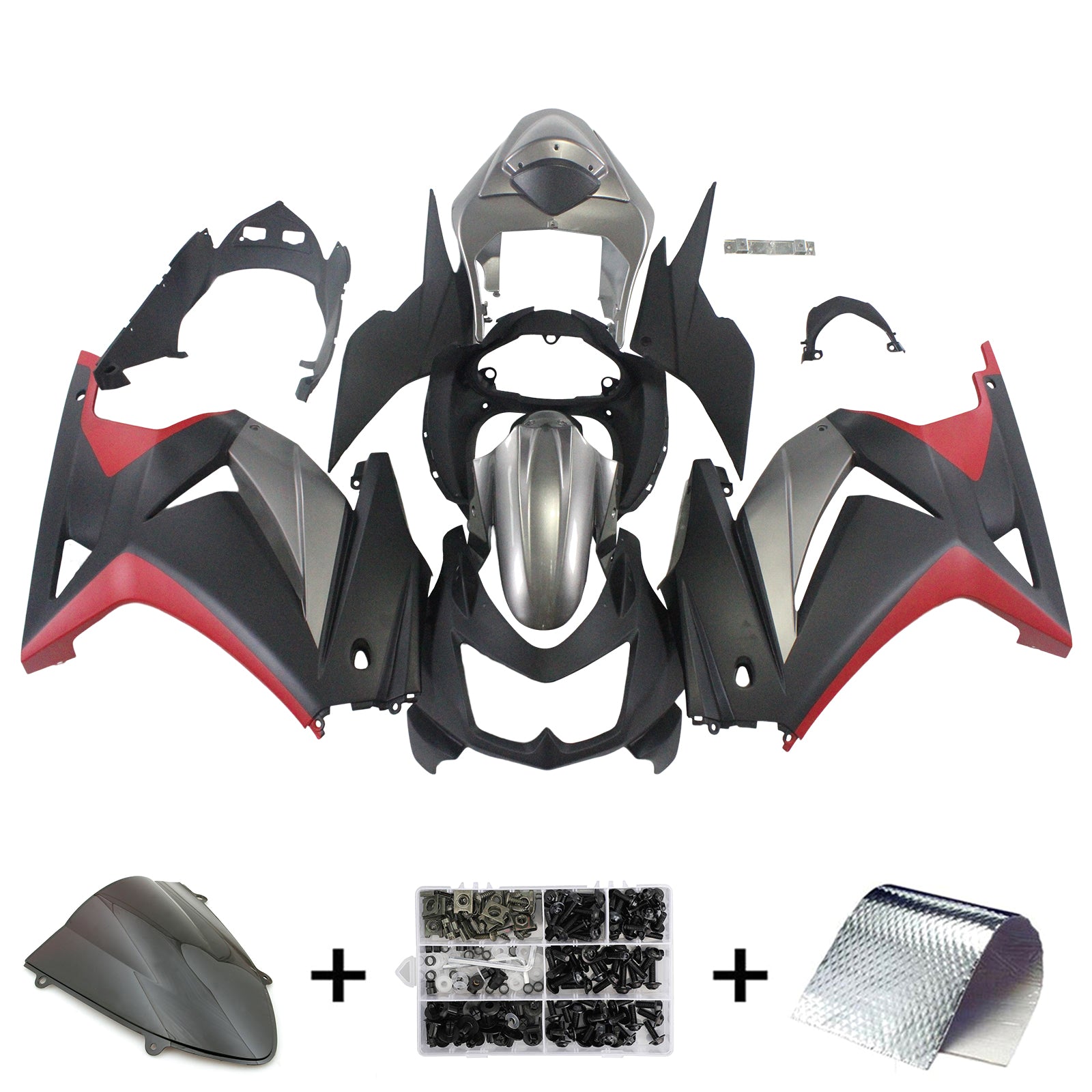 Amotopart 2008-2012 Kawasaki ZX250 Verkleidung Mattschwarz &amp; Rot Kit