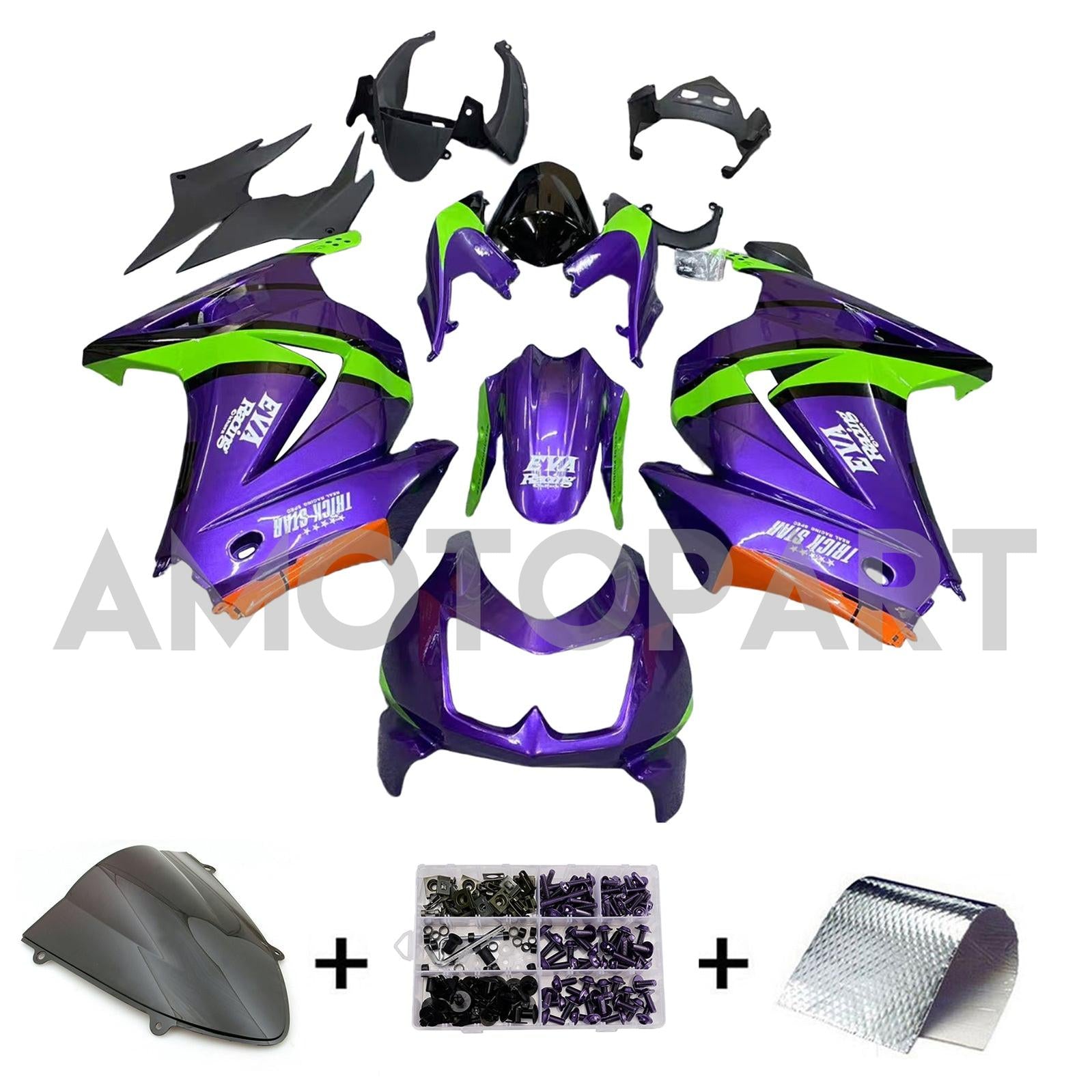 Amotopart Kit carena viola e verde Kawasaki EX250 Ninja250R 2008-2012