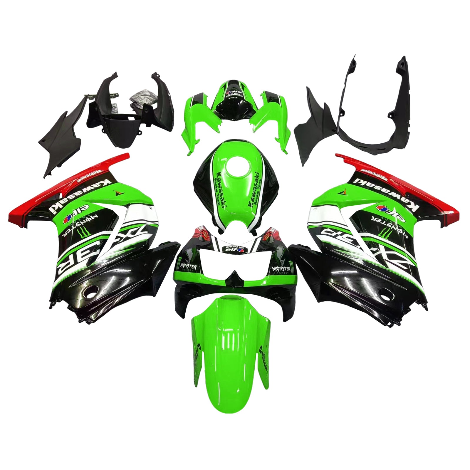 Amotopart Kit de carénage Kawasaki EX250 Ninja250R 2008-2012 vert et noir Style1