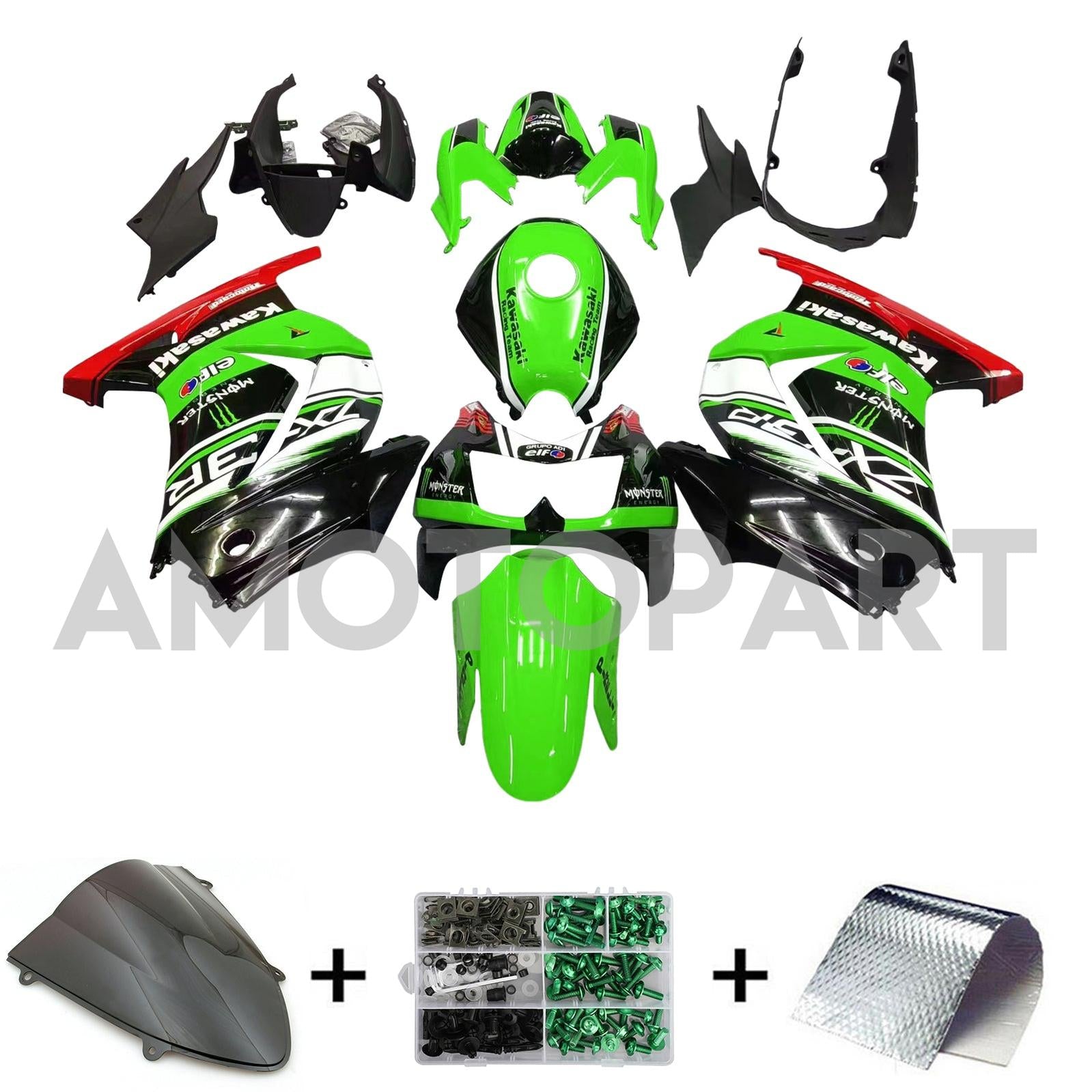 Amotopart Kawasaki Ex250 ninja250r 2008-2012 Green & Black Style1 Fairing Kit
