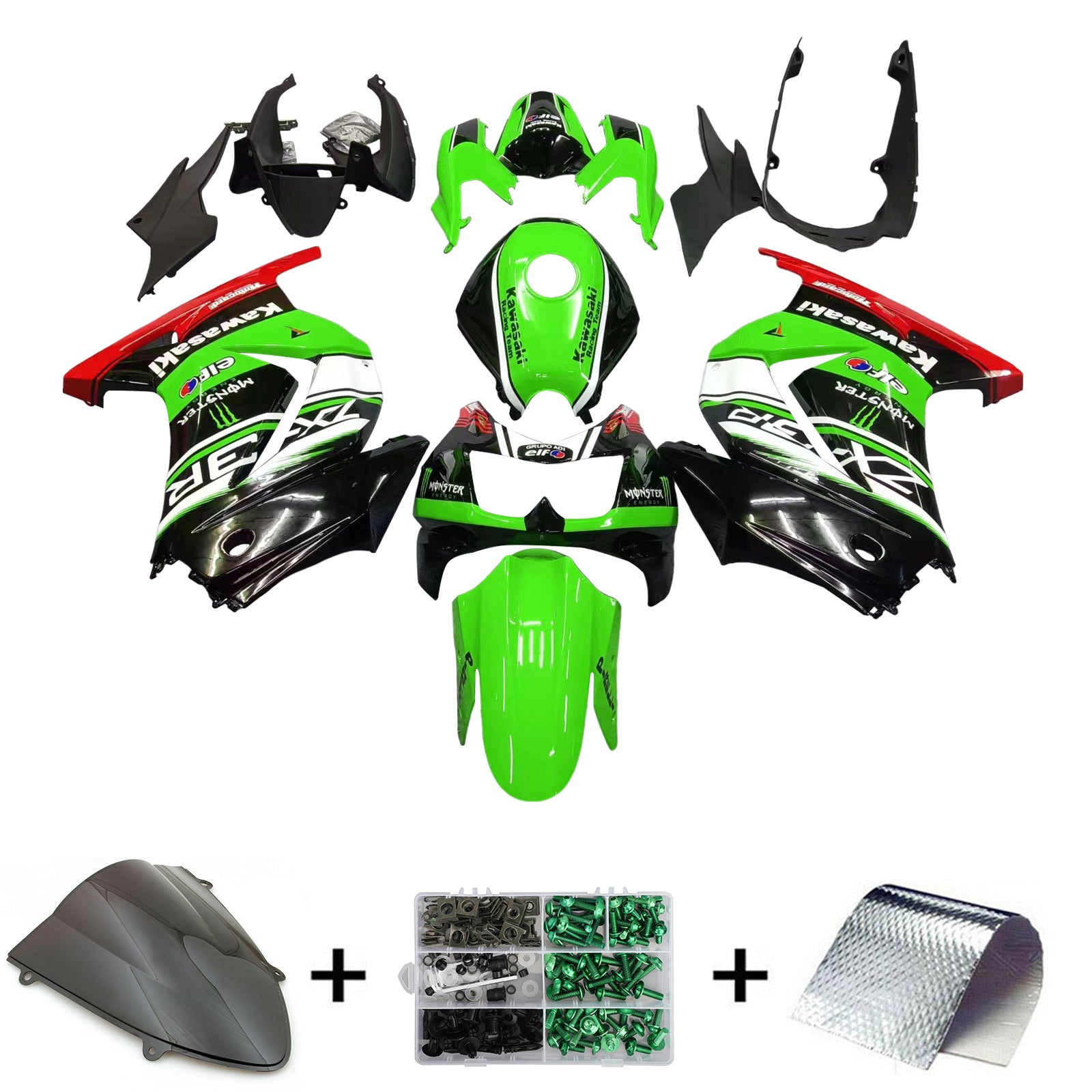 Amotopart Kawasaki EX250 Ninja250R 2008-2012 Green&Black Style1 Fairing Kit