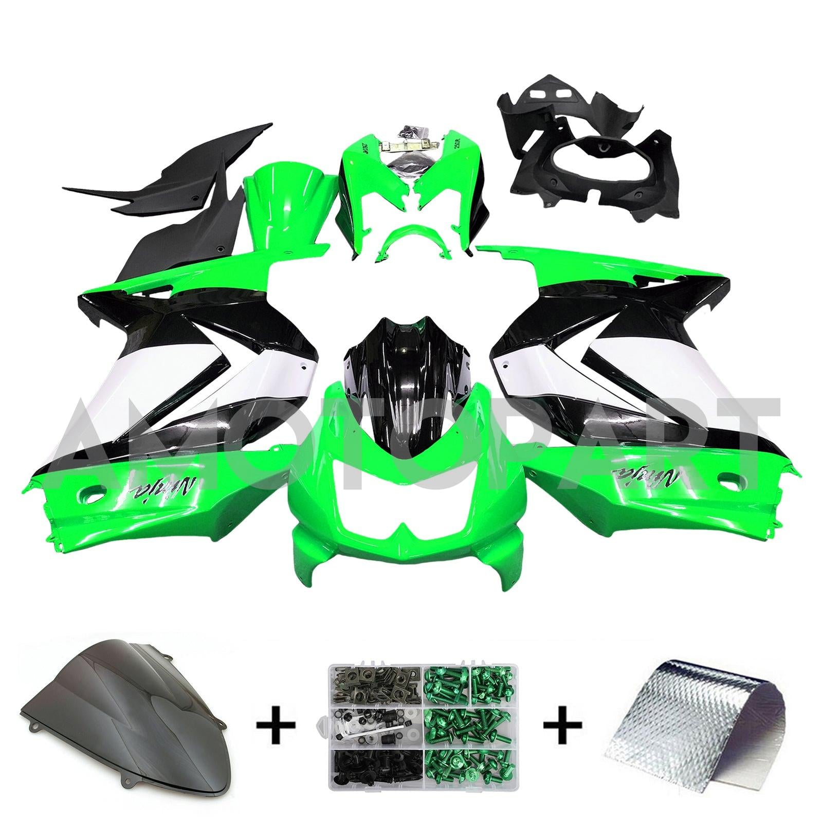 Amotopart 2008-2012 Kawasaki EX250 Ninja250R Green & Black Style3 Fairing Kit