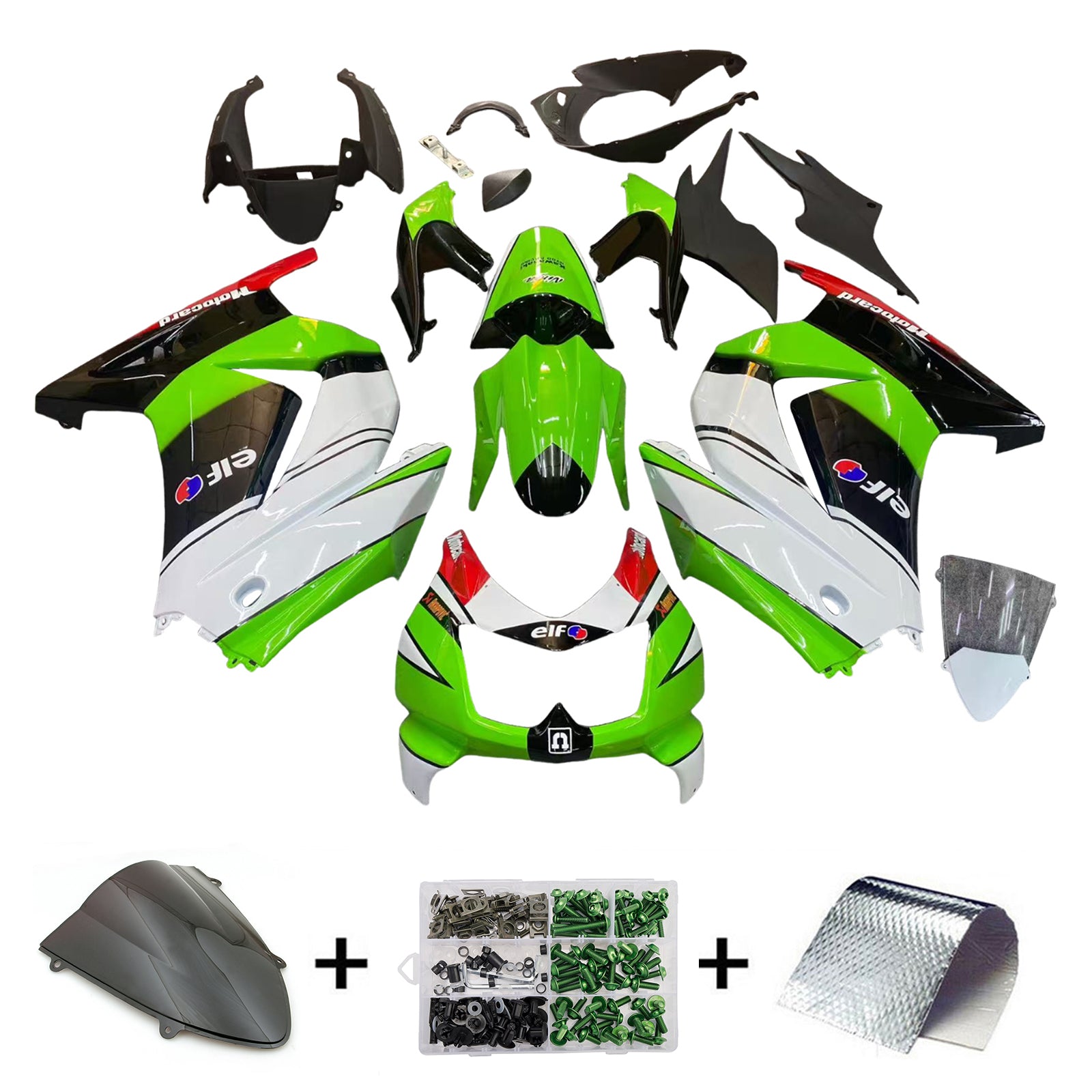 Amotopart 2008-2012 Kawasaki Ex250 Ninja250r Black White Green Fairring Kit
