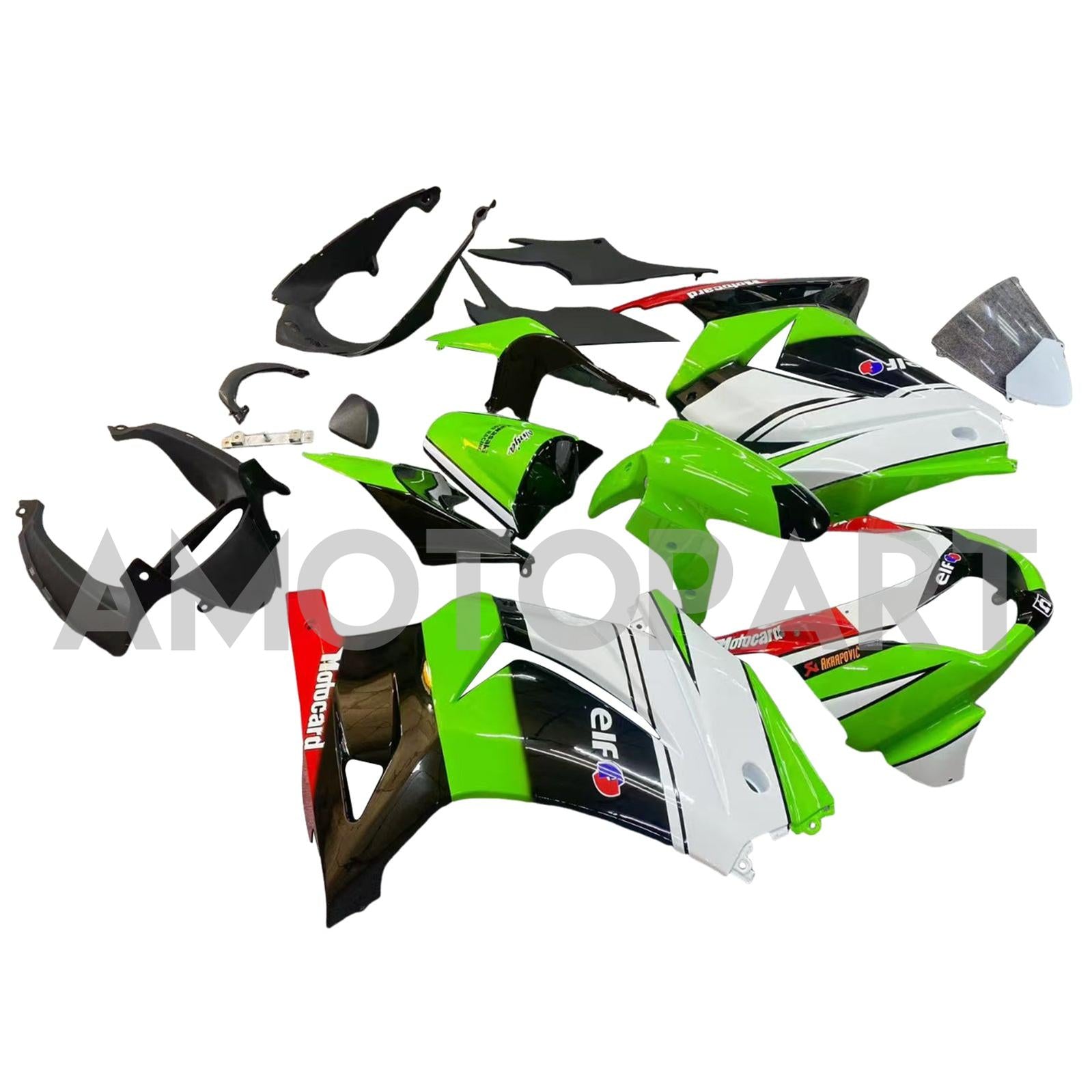 Amotopart 2008–2012 Kawasaki EX250 Ninja250R Schwarz Weiß Grün Verkleidungsset