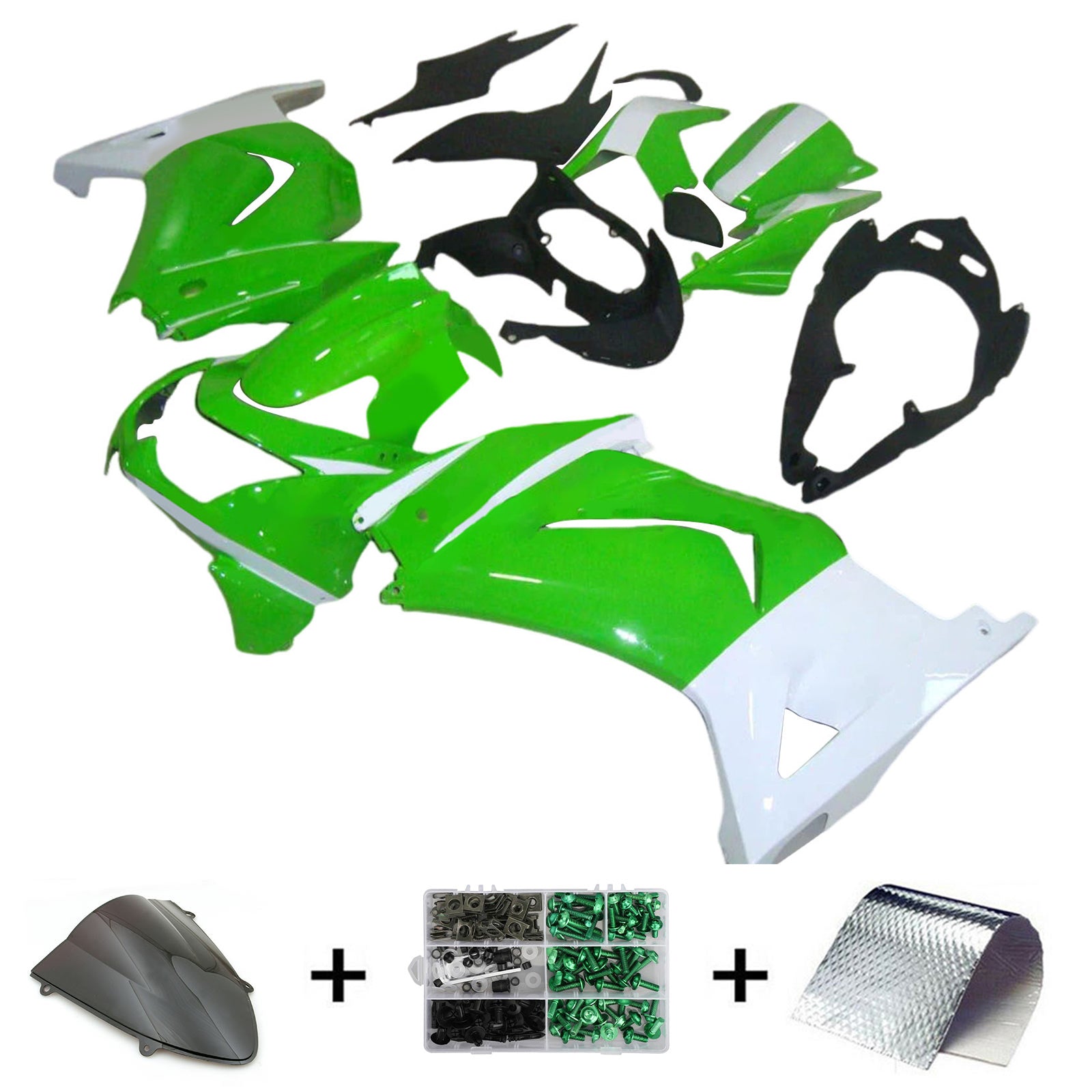 Amotopart 2008-2012 Kawasaki EX250 Ninja250R Kit de carenado verde, blanco y negro