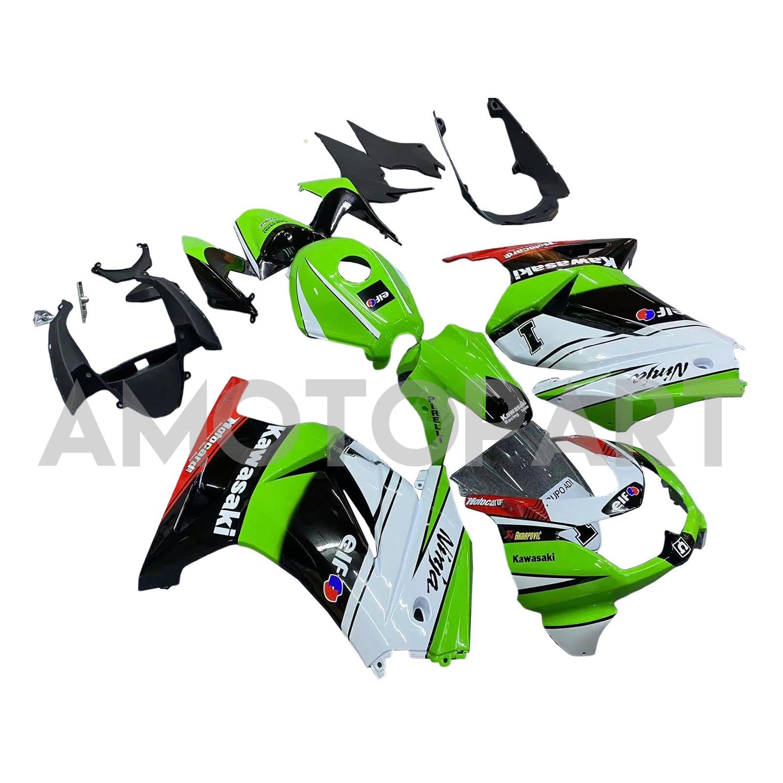 Amotopart 2008-2012 Kawasaki Ex250 Ninja250r Black White Green Fairring Kit