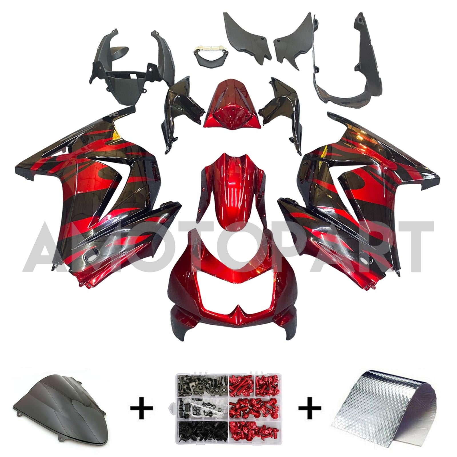 Amotopart 2008-2012 Kawasaki EX250 Ninja250R Noir & Kit de carénage rouge