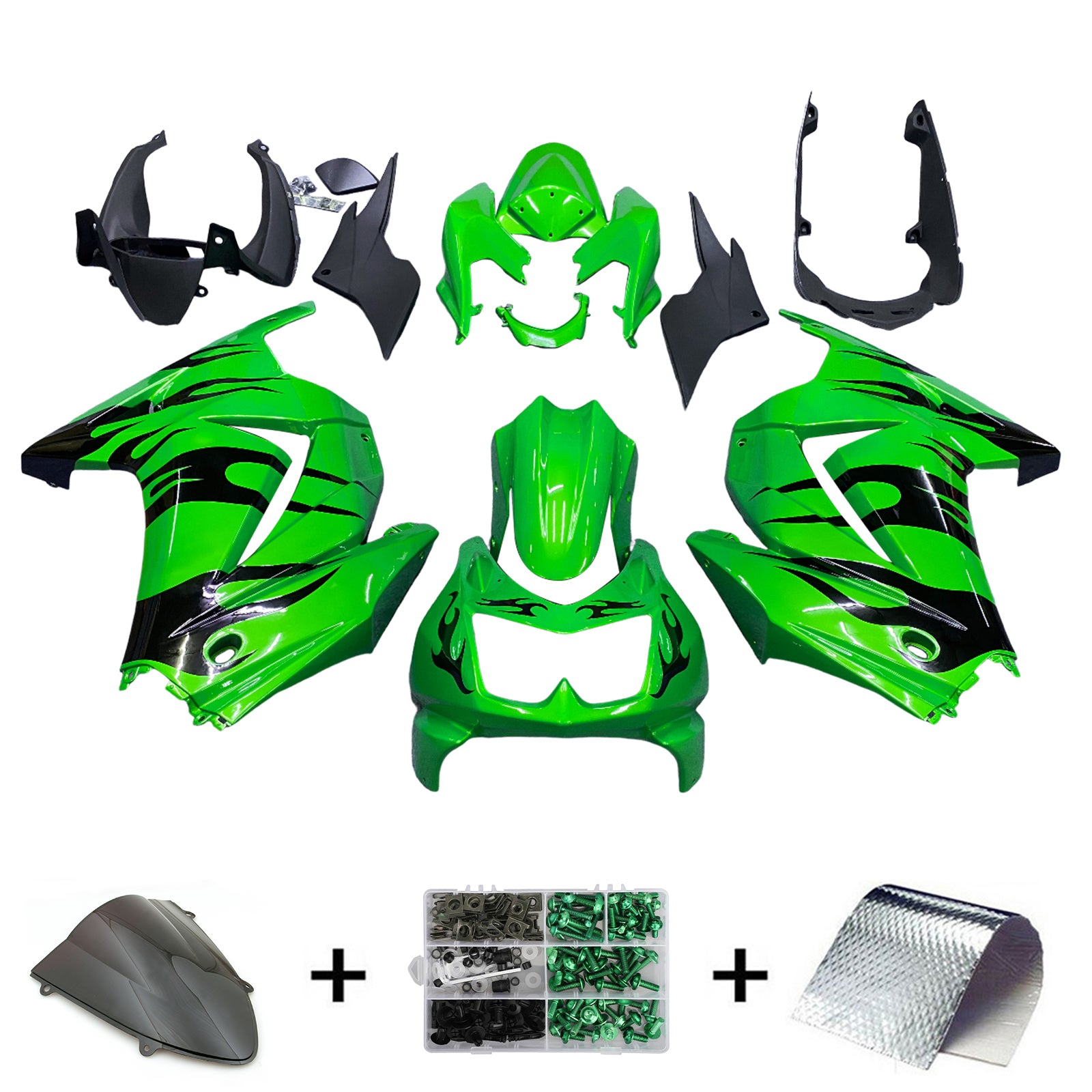 Amotopart 2008-2012 Kawasaki EX250 Ninja250R ブラック & グリーン フェアリングキット