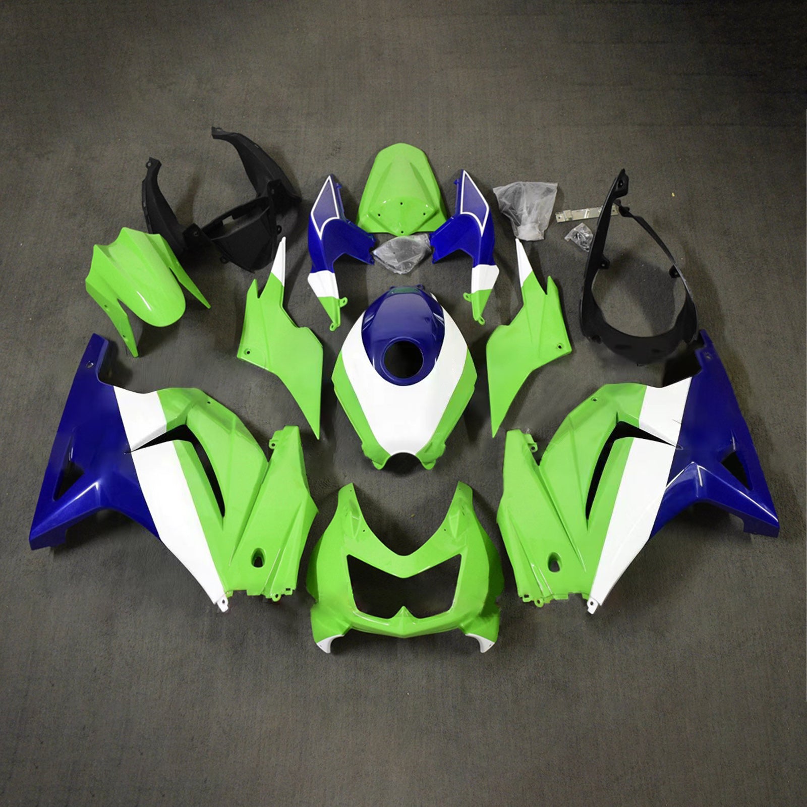 Amotopart 2008-2012 Kawasaki EX250/Ninja250R Kit de carenado verde azul blanco