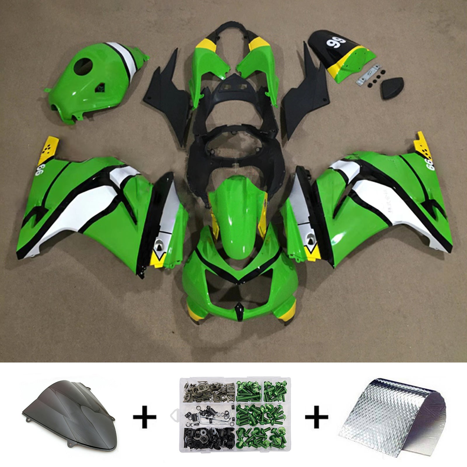 Amotopart 2008-2012 Kawasaki EX250/Ninja250R Kit de carenado verde negro blanco amarillo