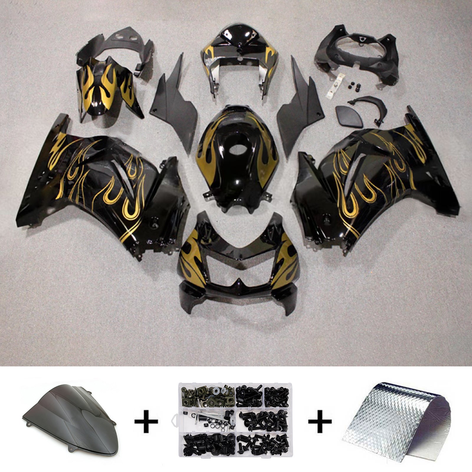 Amotopart 2008-2012 Kawasaki EX250/Ninja250R Kit de carenado de llama de oro negro