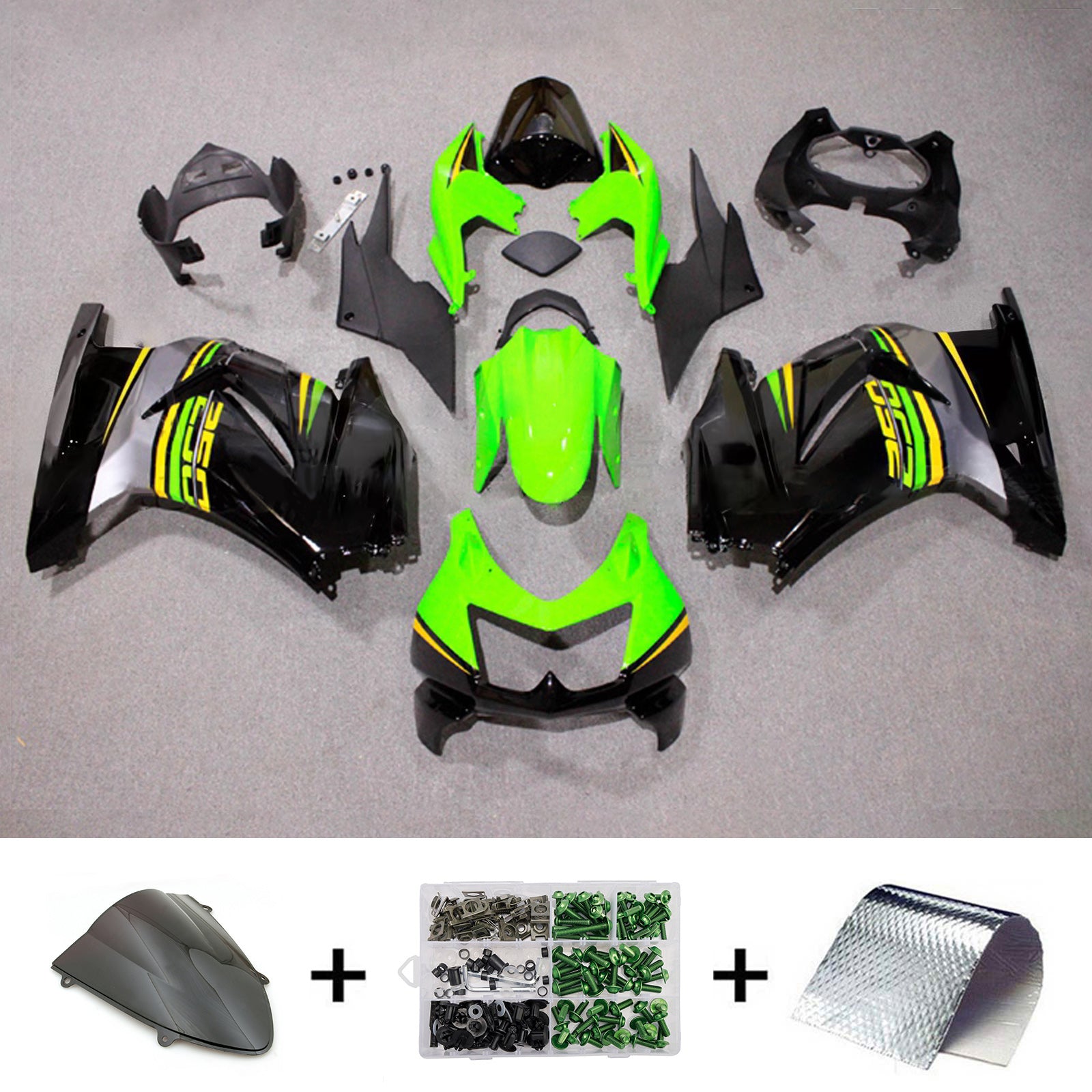 Amotopart 2008-2012 Kawasaki EX250/Ninja250R Kit de carenado verde negro amarillo