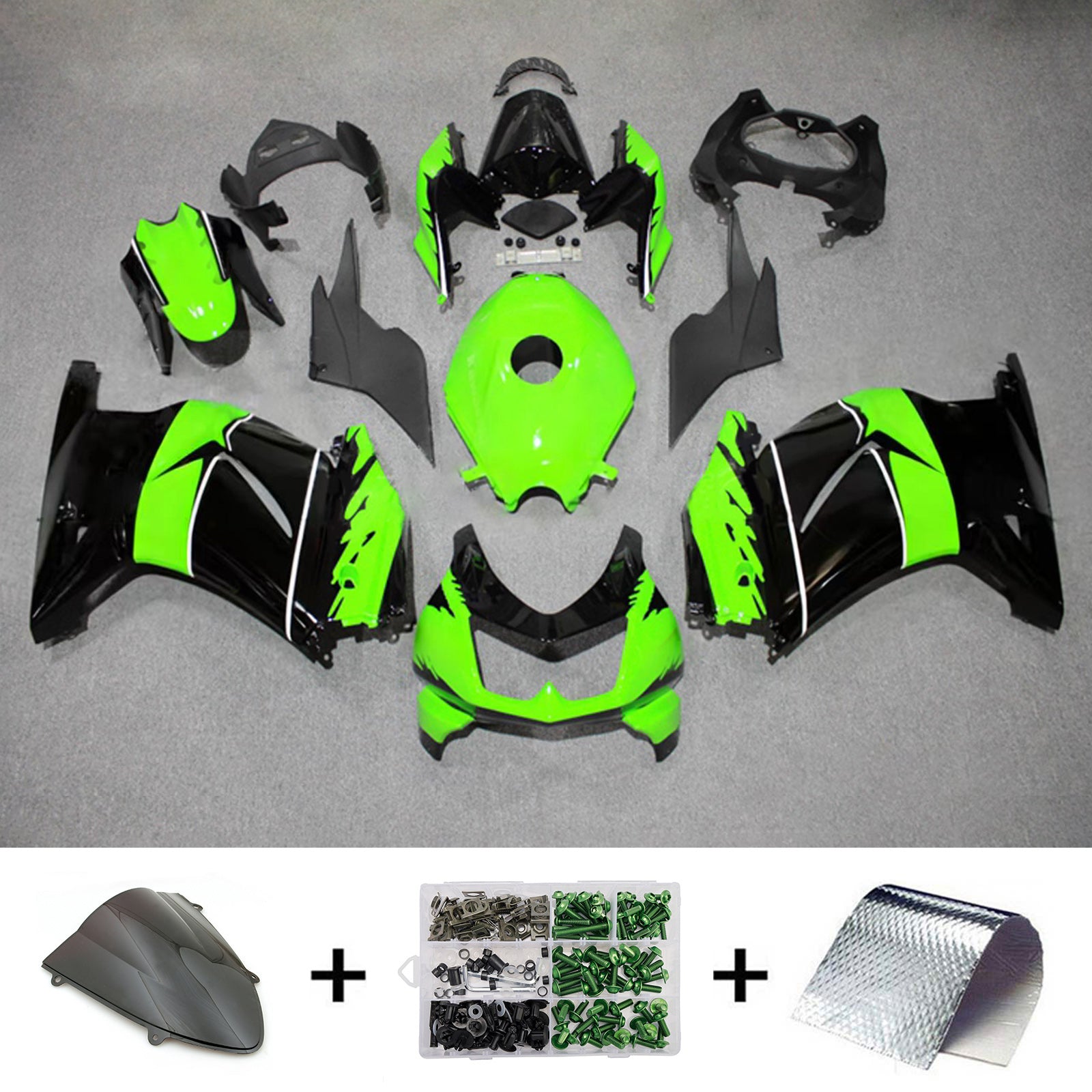 Amotopart 2008-2012 Kawasaki EX250/Ninja250R Kit de carenado negro verde