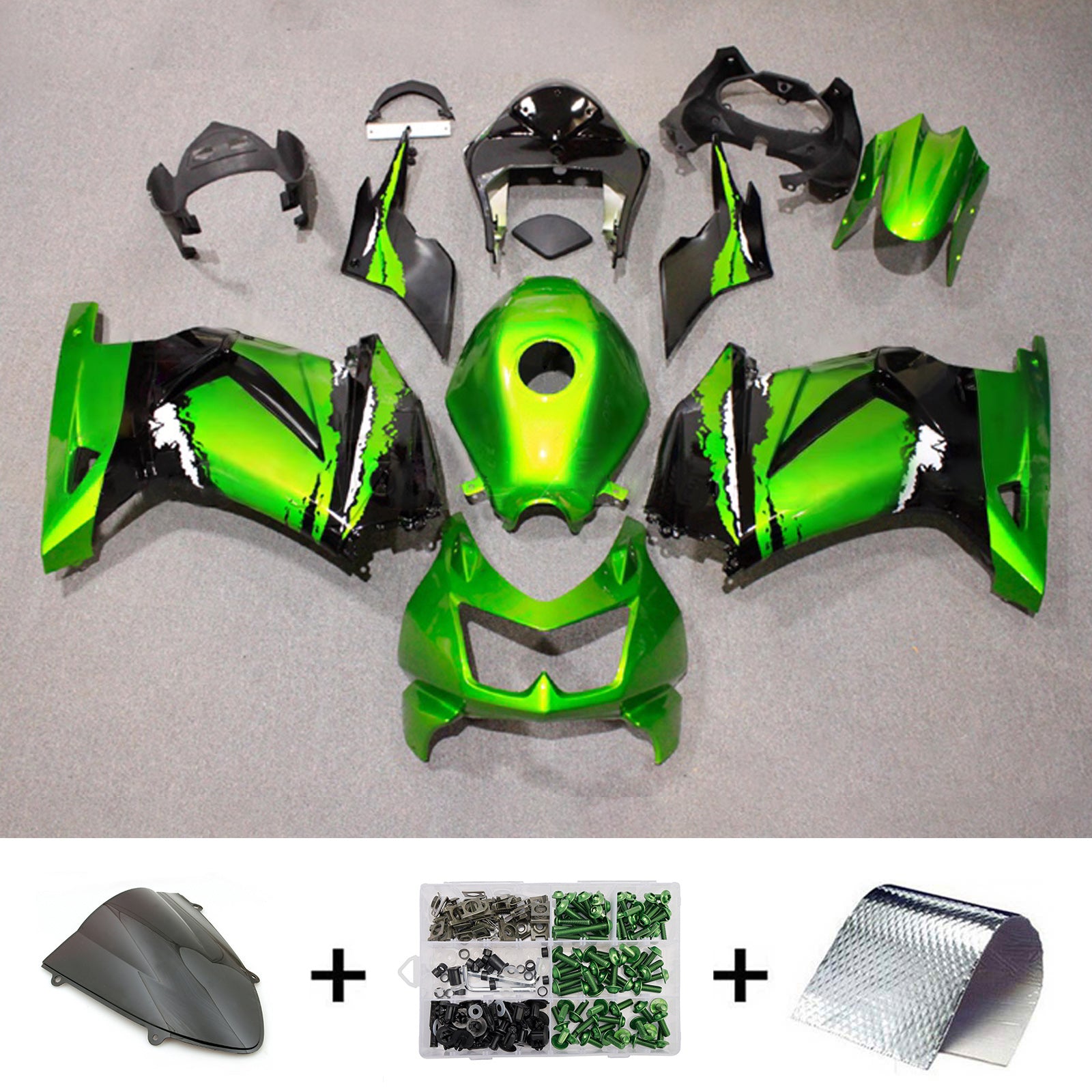Amotopart 2008-2012 Kawasaki EX250/Ninja250R Kit de carenado verde negro
