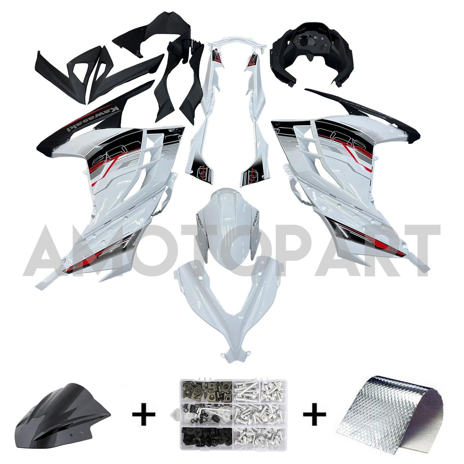 Amotopart 2013-2024 Kawasaki EX300R Fairing White&Black Kit