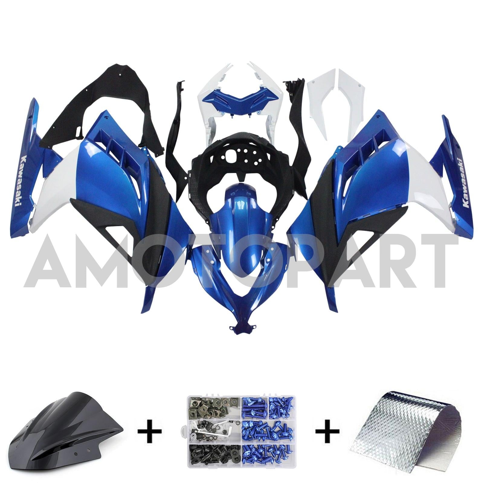 Amotopart 2013-2024 Kawasaki EX300/Ninja 300 ホワイト & ブルー フェアリングキット