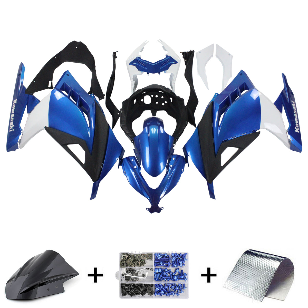 Amotopart 2013-2024 Kawasaki EX300/Ninja 300 Kit de carénage blanc et bleu