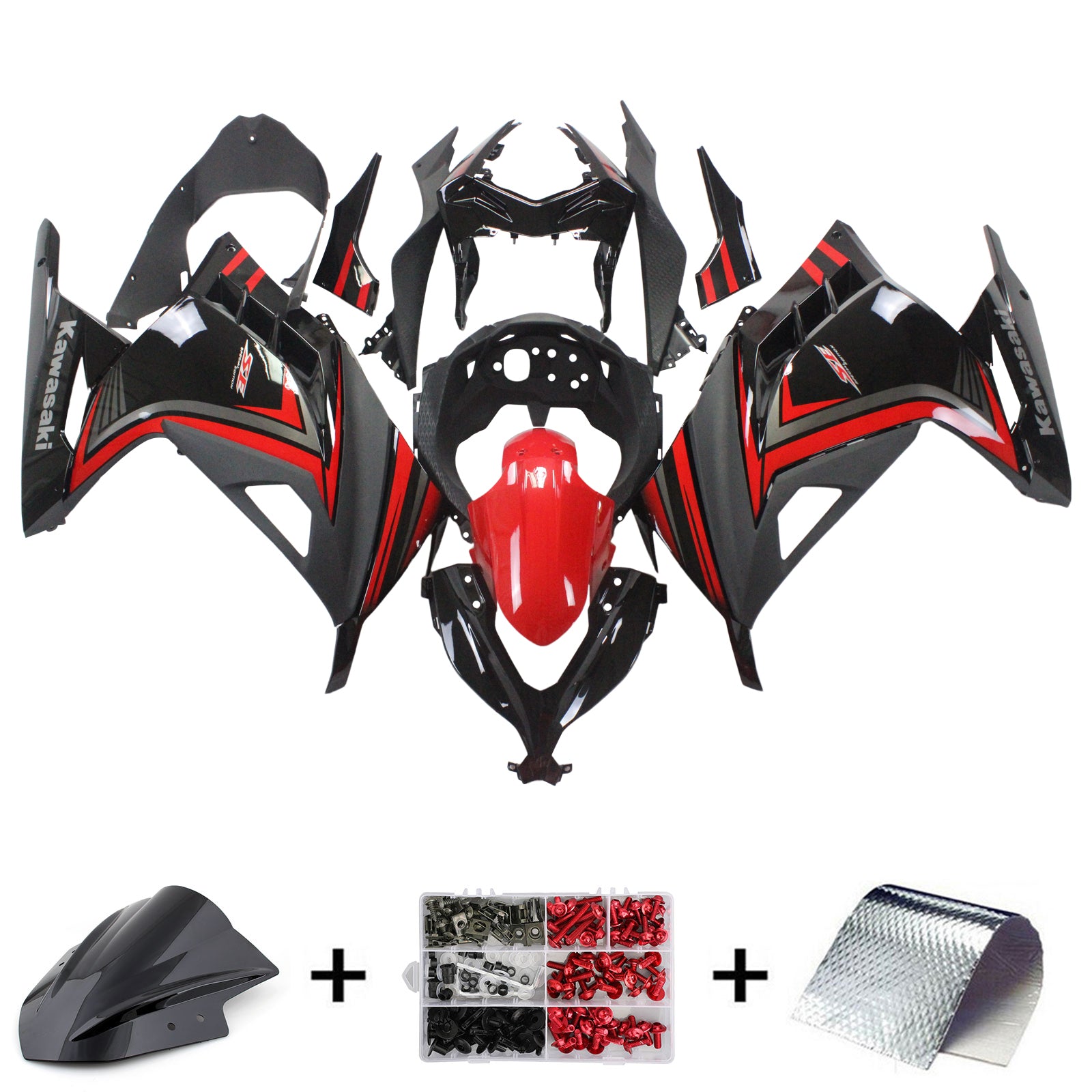 Amotopart Kawasaki 2013-2023 EX300/Ninja300 Red Black Fairing Kit